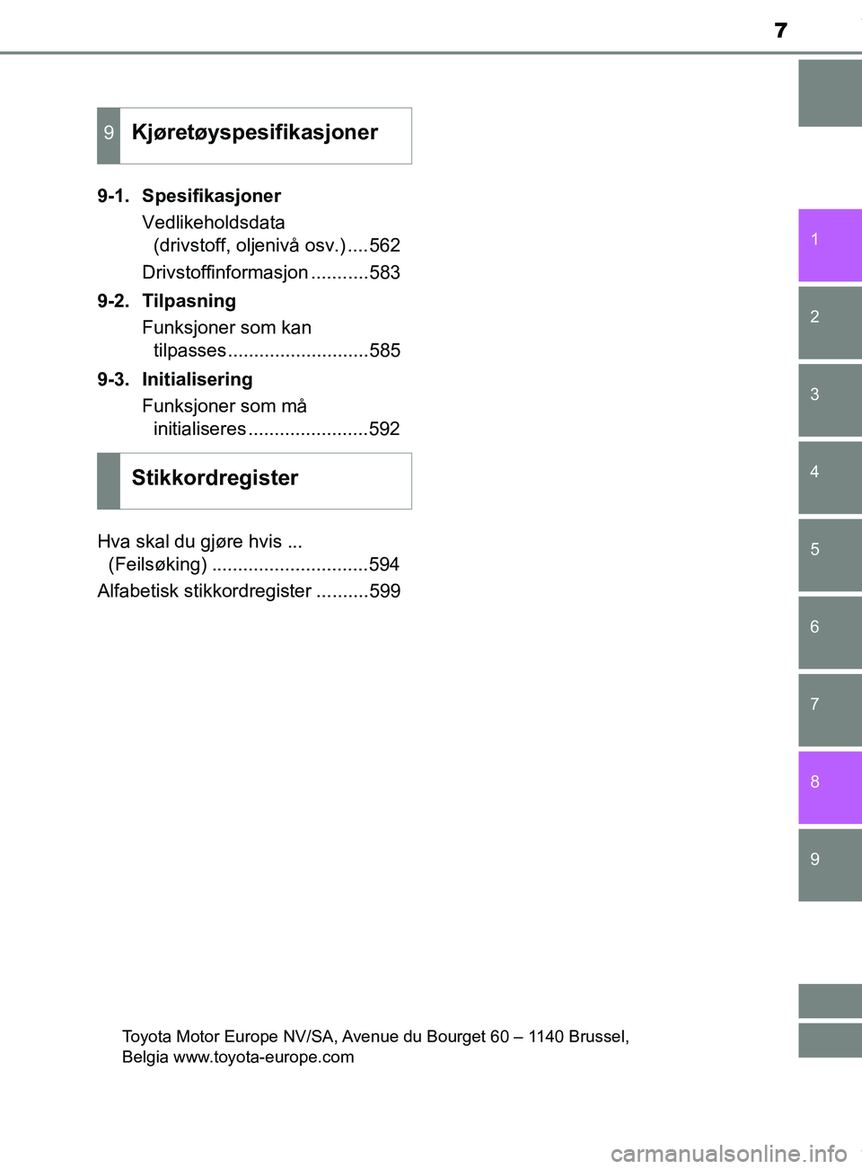 TOYOTA AURIS TOURING SPORTS 2016  Instruksjoner for bruk (in Norwegian) 7
1
9 8
7 5 4
3
2
AURIS Touring Sports (OM12L13NO)
6
9-1. SpesifikasjonerVedlikeholdsdata (drivstoff, oljenivå osv.) ....562
Drivstoffinformasjon ...........583
9-2. Tilpasning Funksjoner som kan til