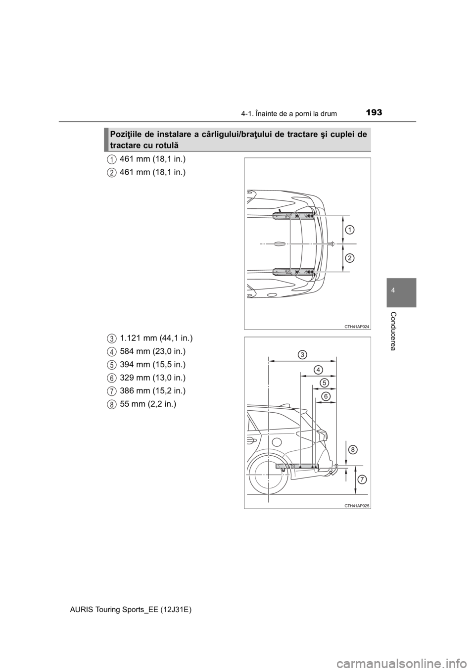 TOYOTA AURIS TOURING SPORTS 2015 Manual de utilizare (in Romanian) 1934-1. Înainte de a porni la drum
AURIS Touring Sports_EE (12J31E)
4
Conducerea
461 mm (18,1 in.)
461 mm (18,1 in.)
1.121 mm (44,1 in.)
584 mm (23,0 in.)
394 mm (15,5 in.)
329 mm (13,0 in.)
386 mm ( TOYOTA AURIS TOURING SPORTS 2015 Manual de utilizare (in Romanian) 1934-1. Înainte de a porni la drum
AURIS Touring Sports_EE (12J31E)
4
Conducerea
461 mm (18,1 in.)
461 mm (18,1 in.)
1.121 mm (44,1 in.)
584 mm (23,0 in.)
394 mm (15,5 in.)
329 mm (13,0 in.)
386 mm (