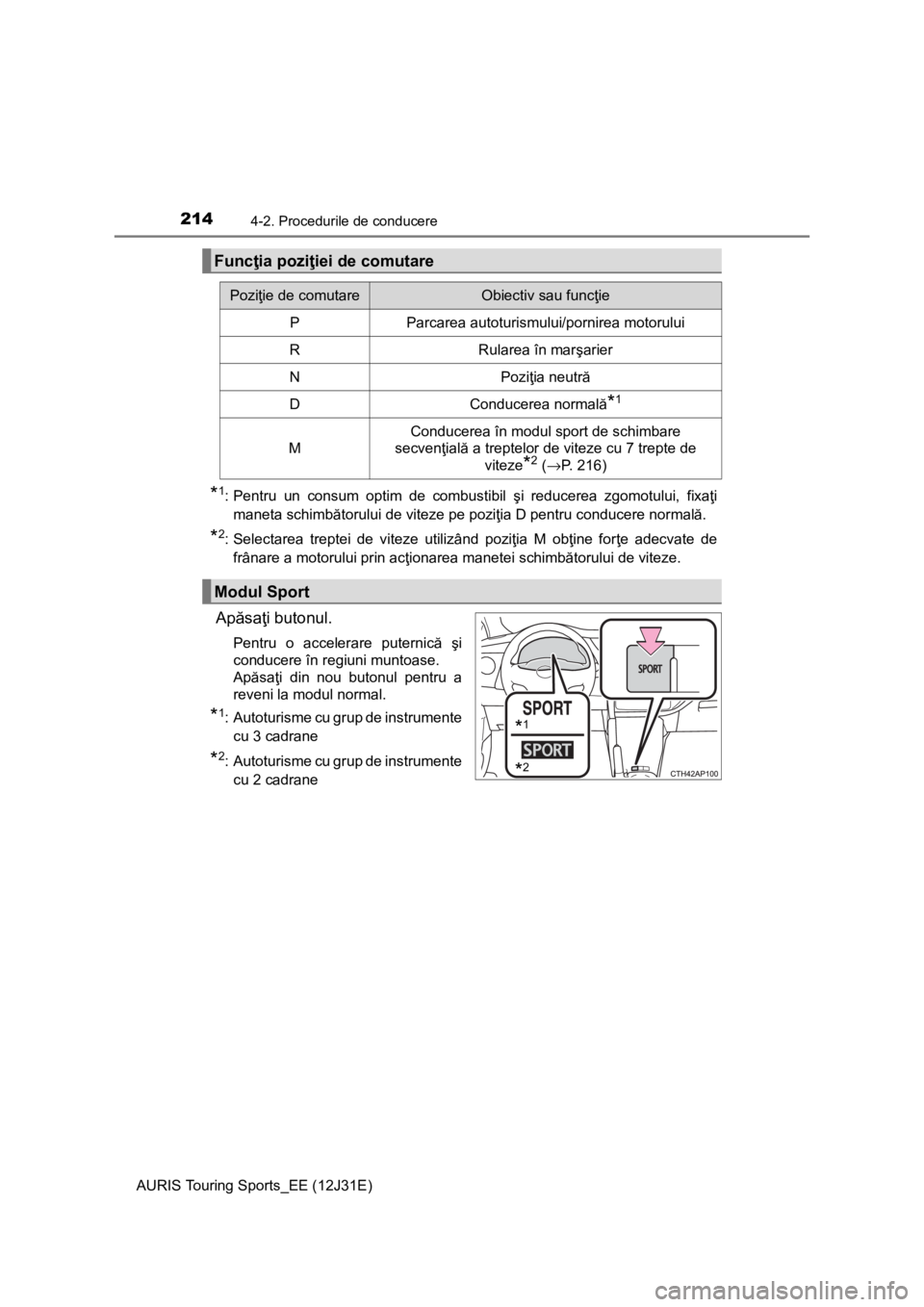 TOYOTA AURIS TOURING SPORTS 2015 Manual de utilizare (in Romanian) 2144-2. Procedurile de conducere
AURIS Touring Sports_EE (12J31E)
*1: Pentru un consum optim de combustibil şi reducerea zgomotului, fixaţi
maneta schimbătorului de viteze pe poziţia D pentru cond TOYOTA AURIS TOURING SPORTS 2015 Manual de utilizare (in Romanian) 2144-2. Procedurile de conducere
AURIS Touring Sports_EE (12J31E)
*1: Pentru un consum optim de combustibil şi reducerea zgomotului, fixaţi
maneta schimbătorului de viteze pe poziţia D pentru cond