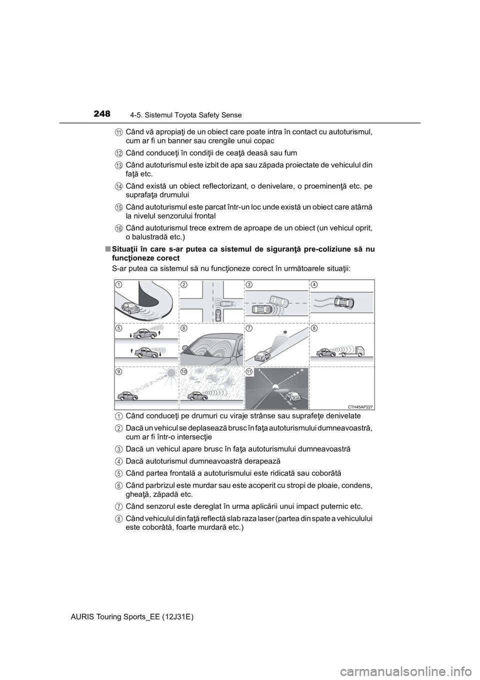 TOYOTA AURIS TOURING SPORTS 2015 Manual de utilizare (in Romanian) 2484-5. Sistemul Toyota Safety Sense
AURIS Touring Sports_EE (12J31E)Când vă apropiaţi de un obiect care poate intra în contact cu autoturismul,
cum ar fi un banner sau crengile unui copac
Când c TOYOTA AURIS TOURING SPORTS 2015 Manual de utilizare (in Romanian) 2484-5. Sistemul Toyota Safety Sense
AURIS Touring Sports_EE (12J31E)Când vă apropiaţi de un obiect care poate intra în contact cu autoturismul,
cum ar fi un banner sau crengile unui copac
Când c