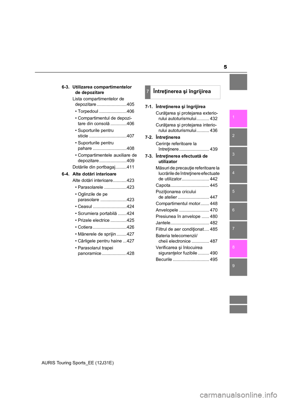 TOYOTA AURIS TOURING SPORTS 2015  Manual de utilizare (in Romanian) 5
1
9 8
7 5 4
3
2
AURIS Touring Sports_EE (12J31E)
6
6-3. Utilizarea compartimentelor 
de depozitare
Lista compartimentelor de 
depozitare ........................405
• Torpedoul ...................