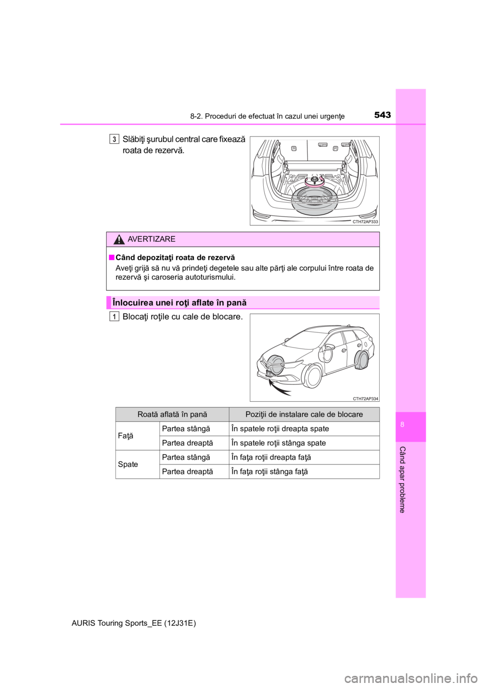 TOYOTA AURIS TOURING SPORTS 2015  Manual de utilizare (in Romanian) 5438-2. Proceduri de efectuat în cazul unei urgenţe
AURIS Touring Sports_EE (12J31E)
8
Când apar probleme
Slăbiţi şurubul central care fixează
roata de rezervă.
Blocaţi roţile cu cale de blo