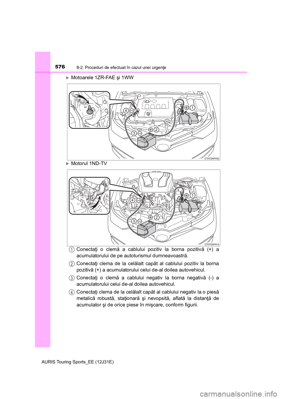 TOYOTA AURIS TOURING SPORTS 2015 Manual de utilizare (in Romanian) 5768-2. Proceduri de efectuat în cazul unei urgenţe
AURIS Touring Sports_EE (12J31E)
Motoarele 1ZR-FAE şi 1WW
Motorul 1ND-TV
Conectaţi o clemă a cablului pozitiv la borna pozitivă (+) a
ac TOYOTA AURIS TOURING SPORTS 2015 Manual de utilizare (in Romanian) 5768-2. Proceduri de efectuat în cazul unei urgenţe
AURIS Touring Sports_EE (12J31E)
Motoarele 1ZR-FAE şi 1WW
Motorul 1ND-TV
Conectaţi o clemă a cablului pozitiv la borna pozitivă (+) a
ac