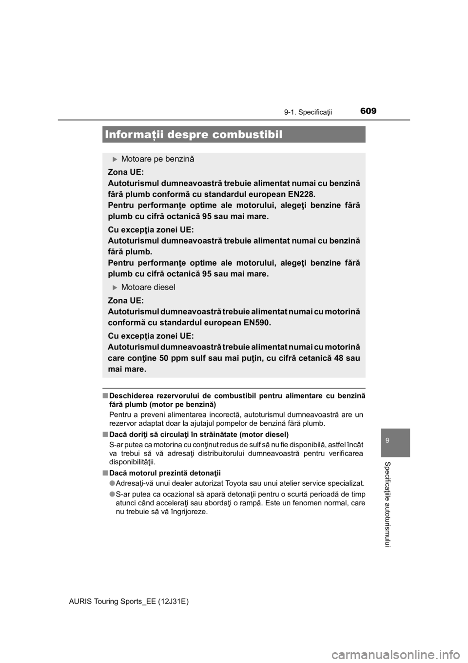 TOYOTA AURIS TOURING SPORTS 2015 Manual de utilizare (in Romanian) 6099-1. Specificaţii
AURIS Touring Sports_EE (12J31E)
9
Specificaţiile autoturismului
■Deschiderea rezervorului de combustibil pentru alimentare cu benzină
fără plumb (motor pe benzină)
Pentru TOYOTA AURIS TOURING SPORTS 2015 Manual de utilizare (in Romanian) 6099-1. Specificaţii
AURIS Touring Sports_EE (12J31E)
9
Specificaţiile autoturismului
■Deschiderea rezervorului de combustibil pentru alimentare cu benzină
fără plumb (motor pe benzină)
Pentru