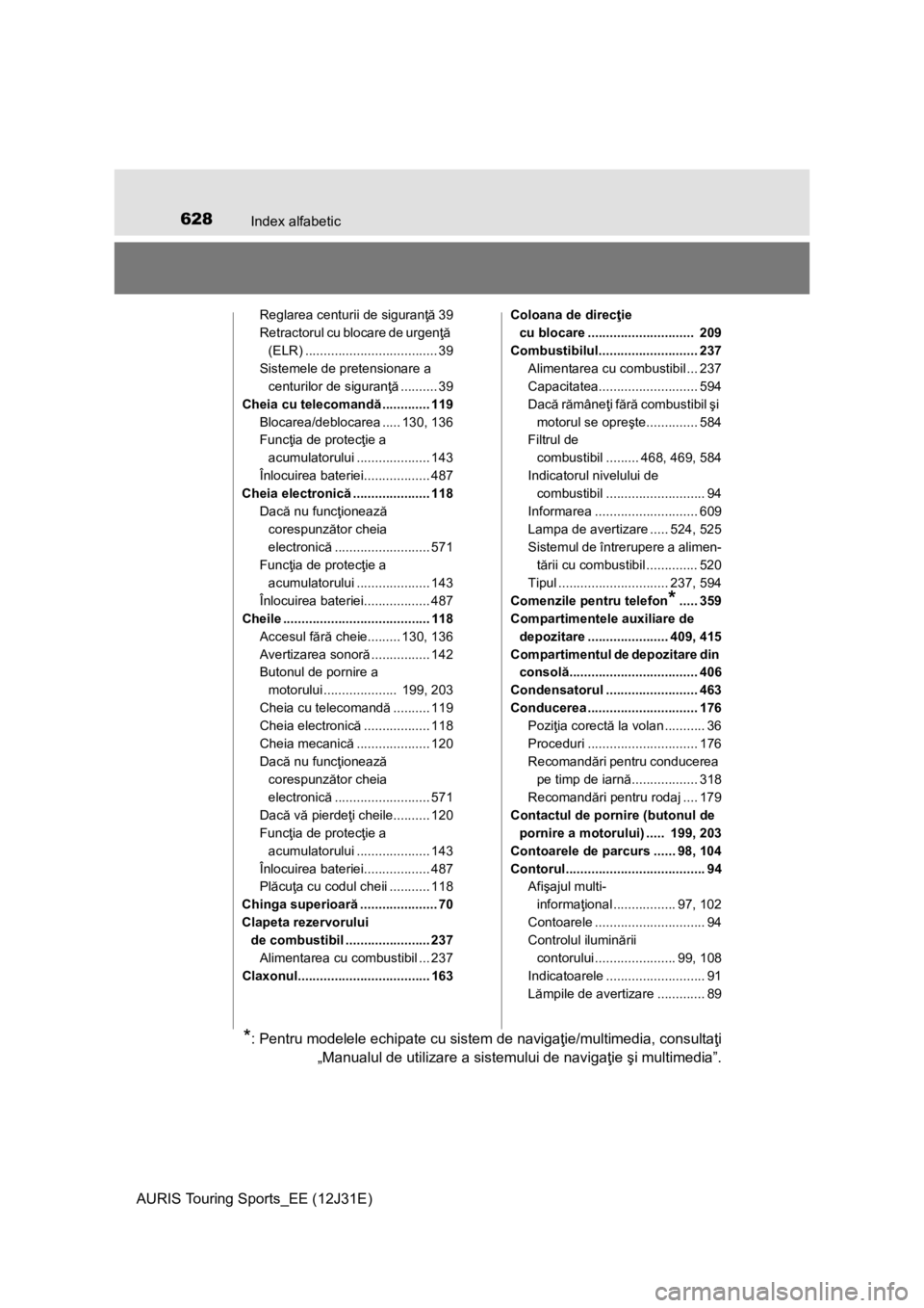 TOYOTA AURIS TOURING SPORTS 2015 Manual de utilizare (in Romanian) 628Index alfabetic
AURIS Touring Sports_EE (12J31E)
Reglarea centurii de siguranţă 39
Retractorul cu blocare de urgenţă
(ELR) .................................... 39
Sistemele de pretensionare a TOYOTA AURIS TOURING SPORTS 2015 Manual de utilizare (in Romanian) 628Index alfabetic
AURIS Touring Sports_EE (12J31E)
Reglarea centurii de siguranţă 39
Retractorul cu blocare de urgenţă
(ELR) .................................... 39
Sistemele de pretensionare a