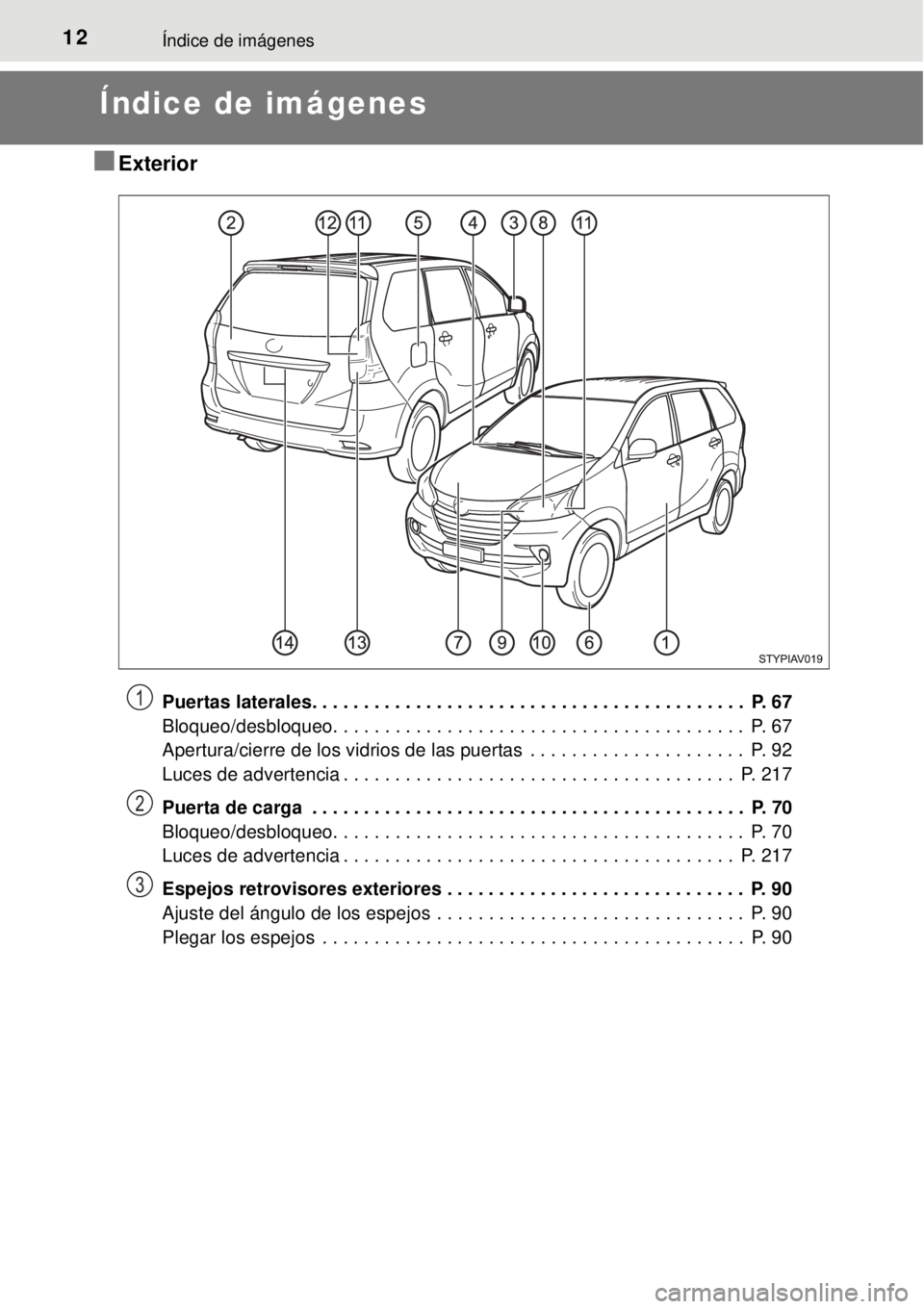 TOYOTA AVANZA 2018  Manual del propietario (in Spanish) 12Índice de imágenes
Índice de imágenes
■Exterior
Puertas laterales. . . . . . . . . . . . . . . . . . . . . . . . . . . . . . . . . . . . . . . . . .  P. 67
Bloqueo/desbloqueo. . . . . . . . . 