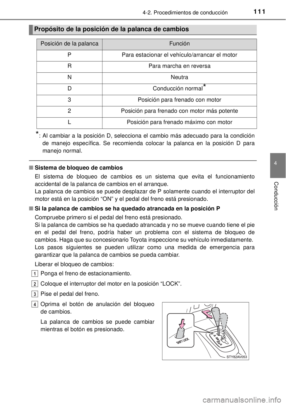 TOYOTA AVANZA 2018 Manual del propietario (in Spanish) 1114-2. Procedimientos de conducción
4
Conducción
*: Al cambiar a la posición D, selecciona el cambio más adecuado para la condición
de manejo específica. Se recomienda colocar la palanca en la TOYOTA AVANZA 2018 Manual del propietario (in Spanish) 1114-2. Procedimientos de conducción
4
Conducción
*: Al cambiar a la posición D, selecciona el cambio más adecuado para la condición
de manejo específica. Se recomienda colocar la palanca en la