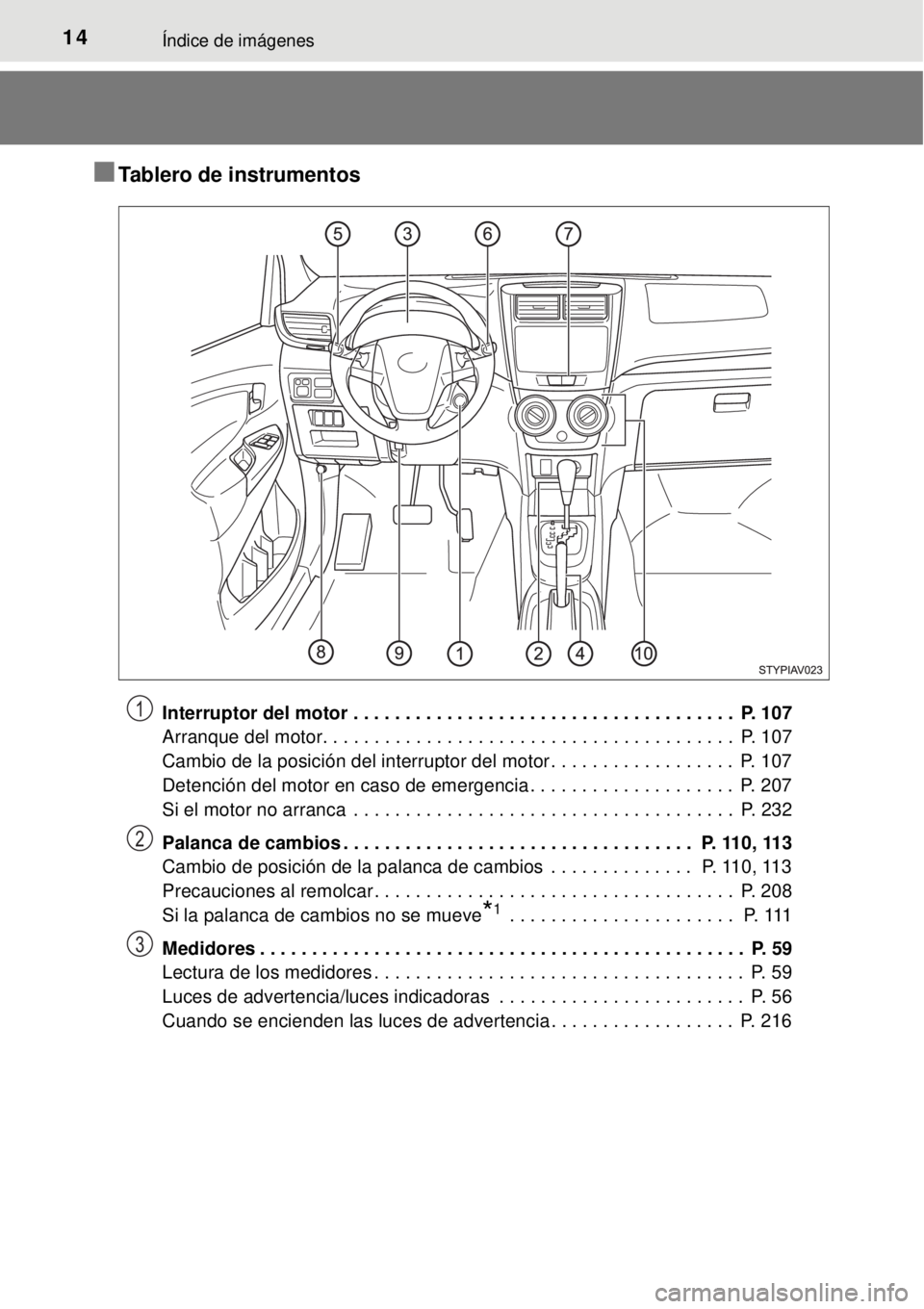 TOYOTA AVANZA 2018  Manual del propietario (in Spanish) 14Índice de imágenes
■Tablero de instrumentos
Interruptor del motor . . . . . . . . . . . . . . . . . . . . . . . . . . . . . . . . . . . . .  P. 107
Arranque del motor. . . . . . . . . . . . . . 