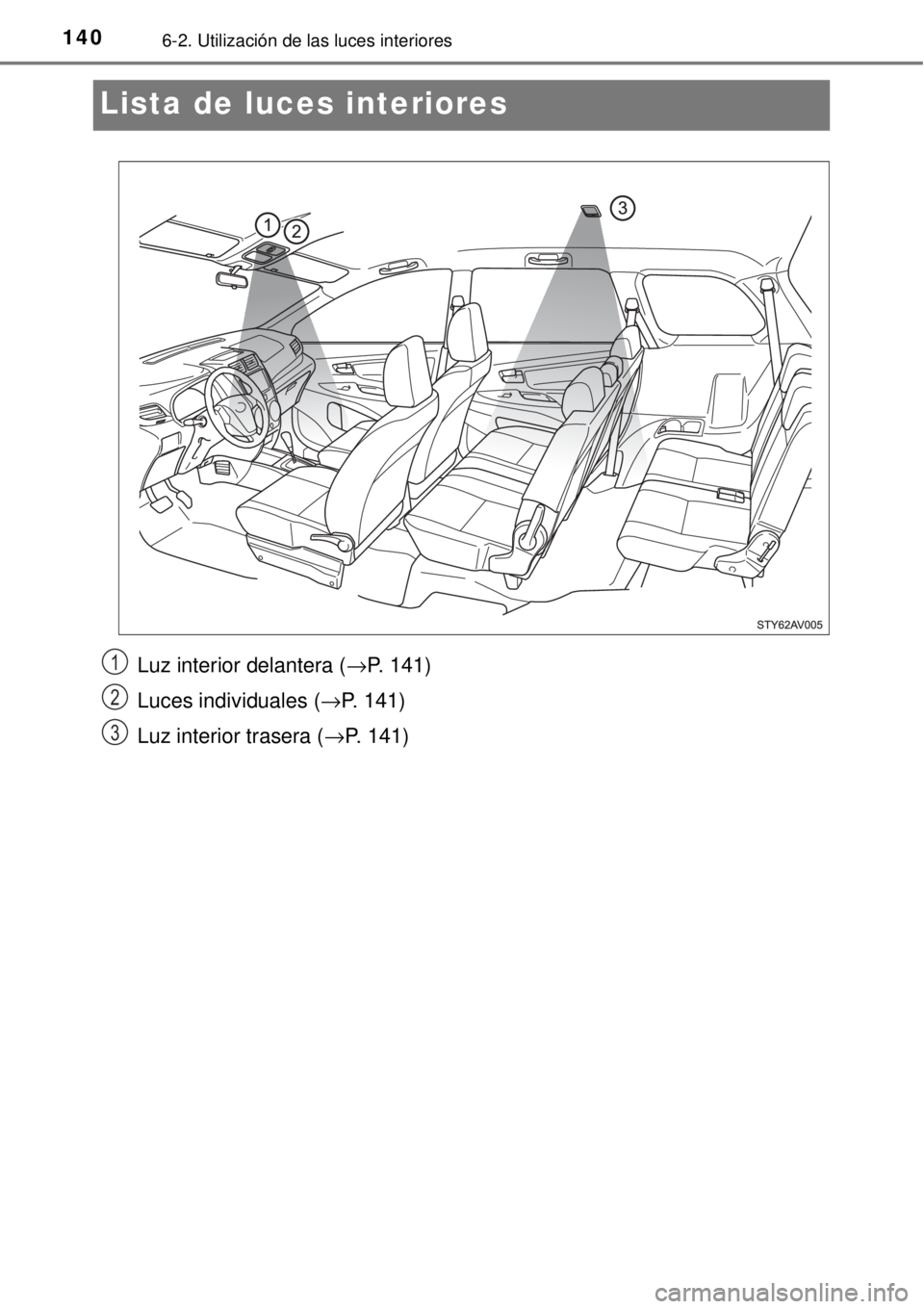 TOYOTA AVANZA 2018 Manual del propietario (in Spanish) 1406-2. Utilización de las luces interiores
Lista de luces interiores
Luz interior delantera (→P. 141)
Luces individuales (→P. 141)
Luz interior trasera (→P. 141)1
2
3 TOYOTA AVANZA 2018 Manual del propietario (in Spanish) 1406-2. Utilización de las luces interiores
Lista de luces interiores
Luz interior delantera (→P. 141)
Luces individuales (→P. 141)
Luz interior trasera (→P. 141)1
2
3