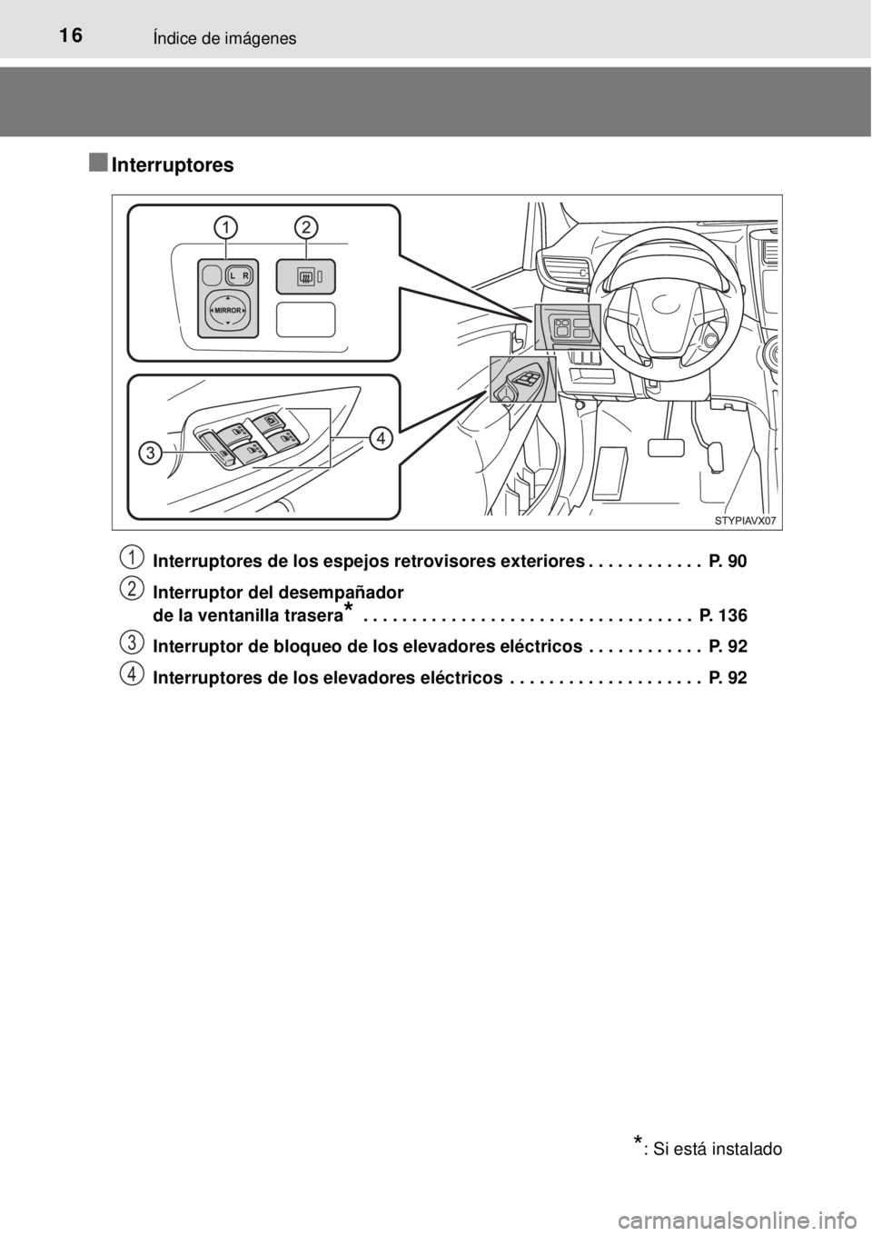 TOYOTA AVANZA 2018  Manual del propietario (in Spanish) 16Índice de imágenes
■Interruptores
Interruptores de los espejos retrovisores exteriores . . . . . . . . . . . .  P. 90
Interruptor del desempañador 
de la ventanilla trasera
* . . . . . . . . . 