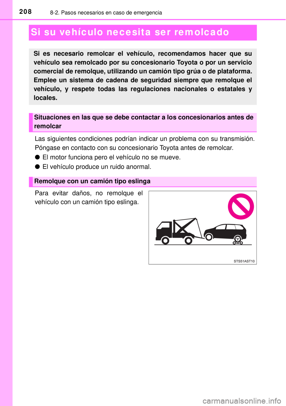 TOYOTA AVANZA 2018 Manual del propietario (in Spanish) 2088-2. Pasos necesarios en caso de emergencia
Si su vehículo necesita ser remolcado
Las siguientes condiciones podrían indicar un problema con su transmisión.
Póngase en contacto con su concesion TOYOTA AVANZA 2018 Manual del propietario (in Spanish) 2088-2. Pasos necesarios en caso de emergencia
Si su vehículo necesita ser remolcado
Las siguientes condiciones podrían indicar un problema con su transmisión.
Póngase en contacto con su concesion