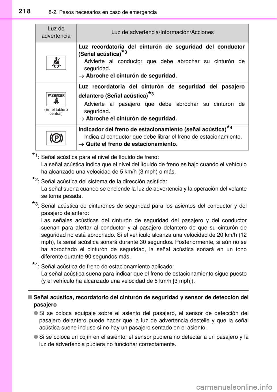 TOYOTA AVANZA 2018  Manual del propietario (in Spanish) 2188-2. Pasos necesarios en caso de emergencia
*1: Señal acústica para el nivel de líquido de freno:
La señal acústica indica que el nivel del líquido de freno es bajo cuando el vehículo
ha alc