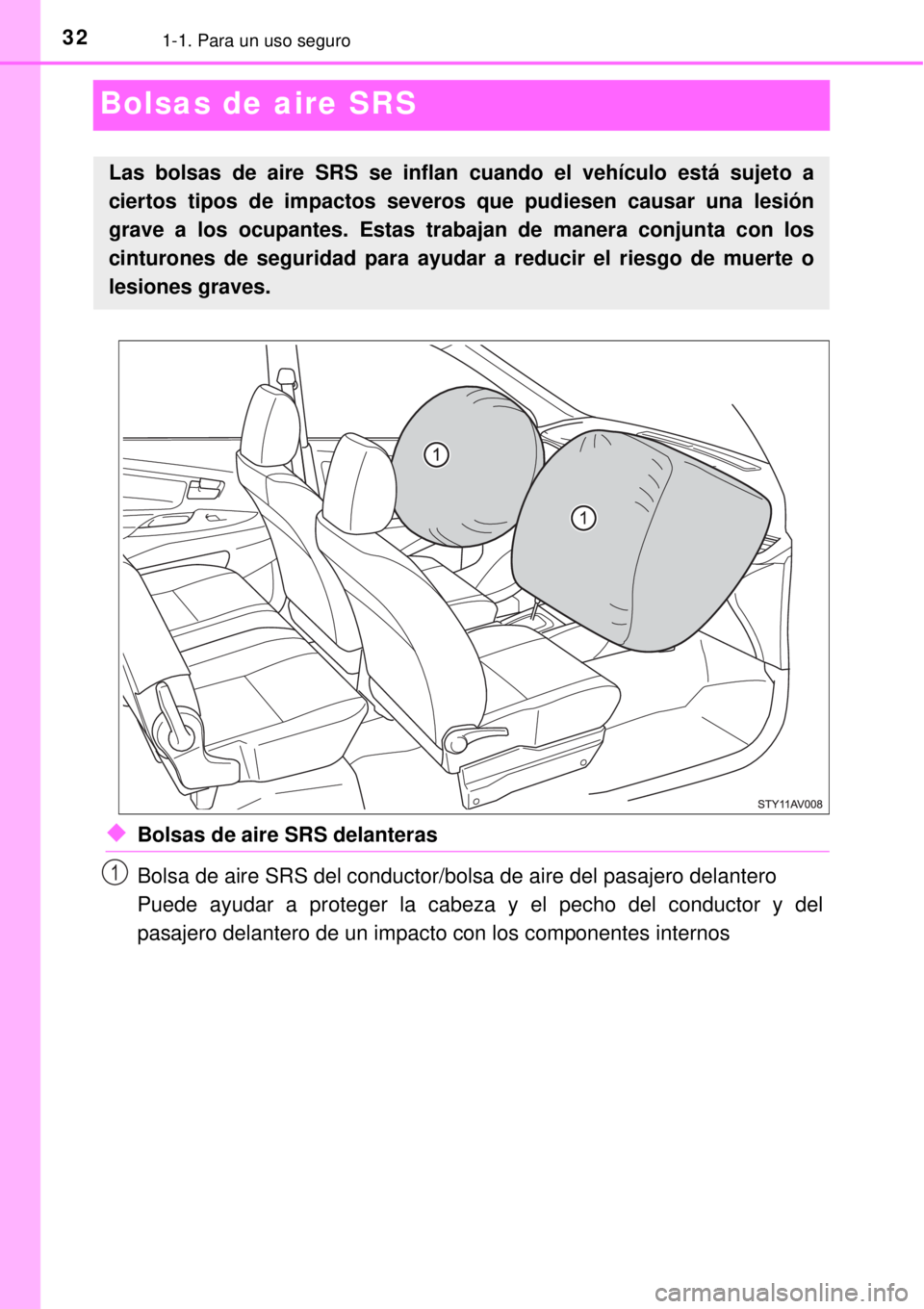 TOYOTA AVANZA 2018 Manual del propietario (in Spanish) 321-1. Para un uso seguro
Bolsas de aire SRS
◆Bolsas de aire SRS delanteras
Bolsa de aire SRS del conductor/bolsa de aire del pasajero delantero
Puede ayudar a proteger la cabeza y el pecho del cond TOYOTA AVANZA 2018 Manual del propietario (in Spanish) 321-1. Para un uso seguro
Bolsas de aire SRS
◆Bolsas de aire SRS delanteras
Bolsa de aire SRS del conductor/bolsa de aire del pasajero delantero
Puede ayudar a proteger la cabeza y el pecho del cond