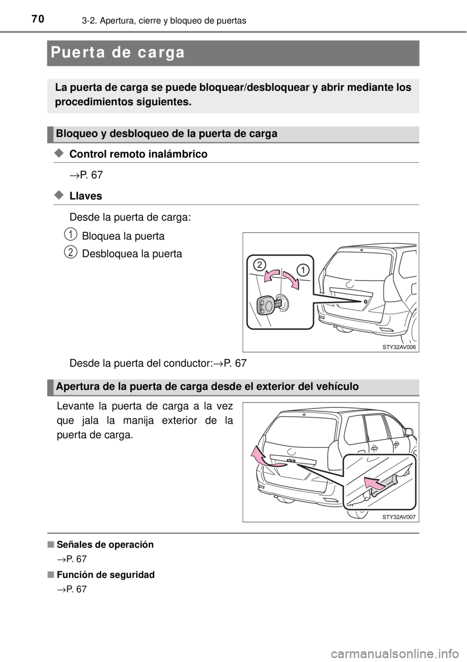 TOYOTA AVANZA 2018 Manual del propietario (in Spanish) 703-2. Apertura, cierre y bloqueo de puertas
Puerta de carga
◆Control remoto inalámbrico
→P. 6 7
◆Llaves
Desde la puerta de carga:
Bloquea la puerta
Desbloquea la puerta
Desde la puerta del co TOYOTA AVANZA 2018 Manual del propietario (in Spanish) 703-2. Apertura, cierre y bloqueo de puertas
Puerta de carga
◆Control remoto inalámbrico
→P. 6 7
◆Llaves
Desde la puerta de carga:
Bloquea la puerta
Desbloquea la puerta
Desde la puerta del co
