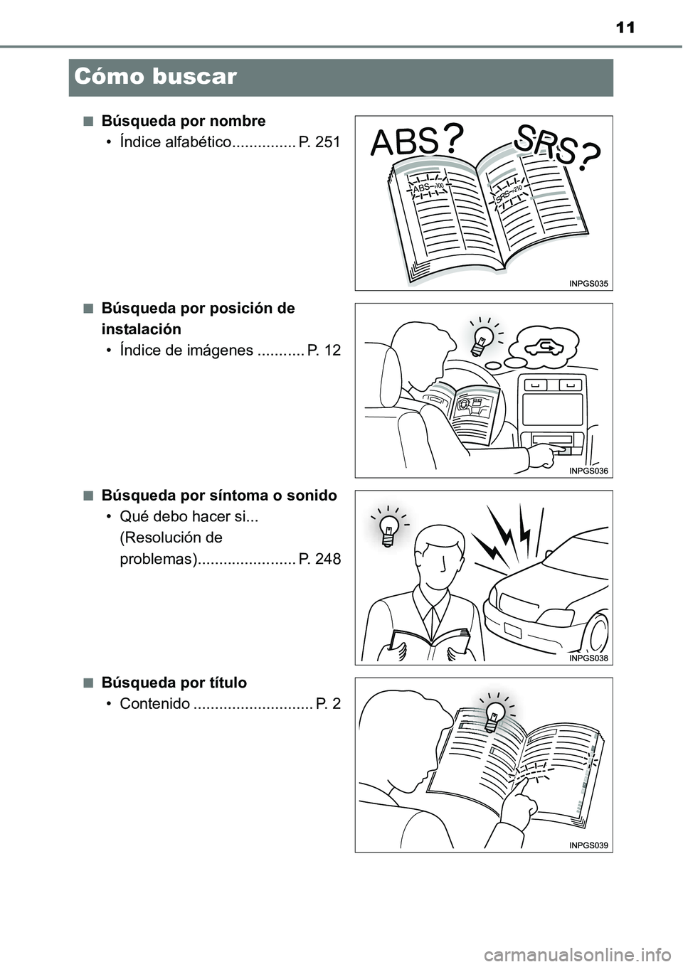 TOYOTA AVANZA 2016 Manual del propietario (in Spanish) 11
Cómo buscar
■Búsqueda por nombre• Índice alfabético............... P. 251
■Búsqueda por posición de
instalación• Índice de imágenes ........... P. 12
■Búsqueda por síntoma o s TOYOTA AVANZA 2016 Manual del propietario (in Spanish) 11
Cómo buscar
■Búsqueda por nombre• Índice alfabético............... P. 251
■Búsqueda por posición de
instalación• Índice de imágenes ........... P. 12
■Búsqueda por síntoma o s