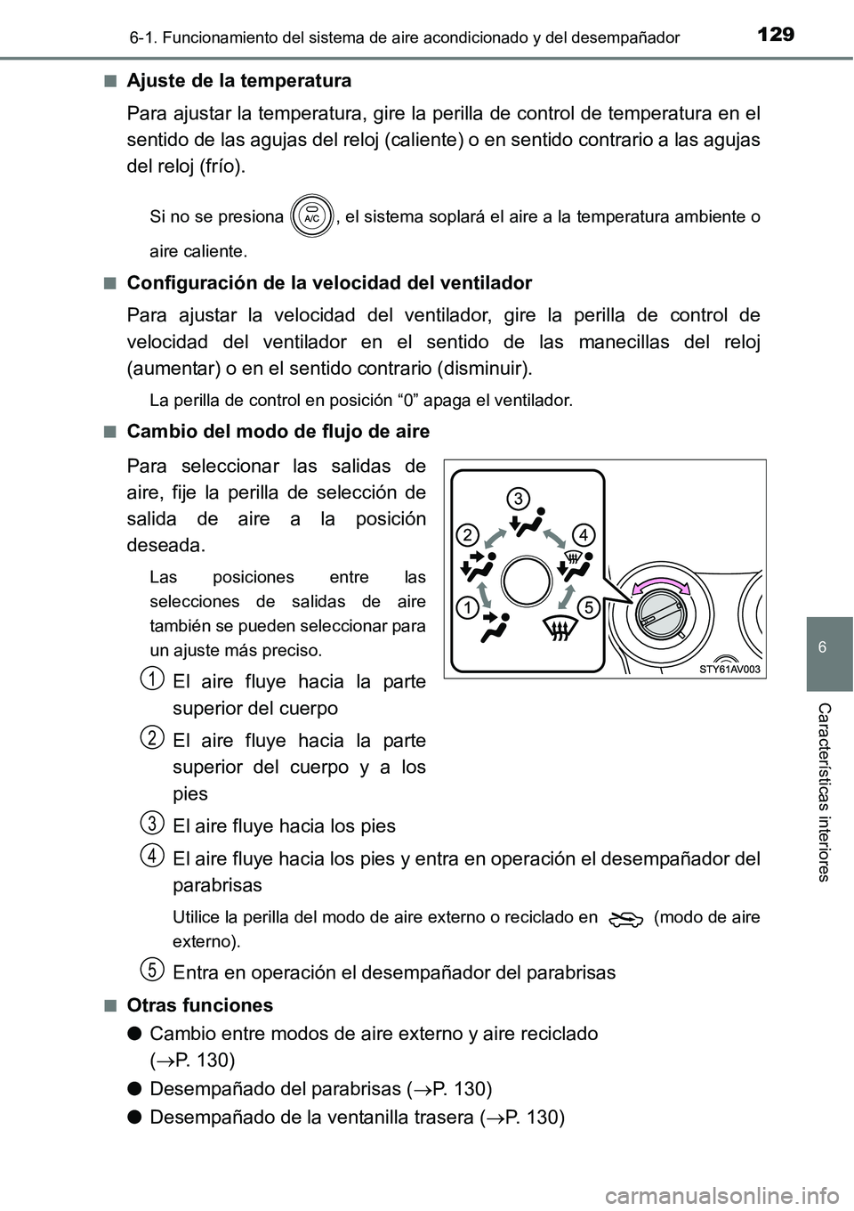 TOYOTA AVANZA 2016 Manual del propietario (in Spanish) 1296-1. Funcionamiento del sistema de aire acondicionado y del desempañador
6
Características interiores
■Ajuste de la temperatura
Para ajustar la temperatura, gire la perilla de control de temper TOYOTA AVANZA 2016 Manual del propietario (in Spanish) 1296-1. Funcionamiento del sistema de aire acondicionado y del desempañador
6
Características interiores
■Ajuste de la temperatura
Para ajustar la temperatura, gire la perilla de control de temper