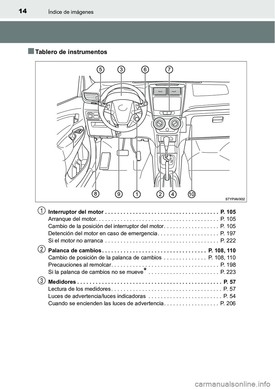 TOYOTA AVANZA 2016 Manual del propietario (in Spanish) 14Índice de imágenes
■Tablero de instrumentos
Interruptor del motor . . . . . . . . . . . . . . . . . . . . . . . . . . . . . . . . . . . . . P. 105
Arranque del motor. . . . . . . . . . . . . . TOYOTA AVANZA 2016 Manual del propietario (in Spanish) 14Índice de imágenes
■Tablero de instrumentos
Interruptor del motor . . . . . . . . . . . . . . . . . . . . . . . . . . . . . . . . . . . . . P. 105
Arranque del motor. . . . . . . . . . . . . .