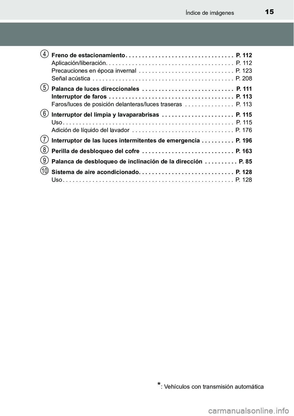 TOYOTA AVANZA 2016 Manual del propietario (in Spanish) 15Índice de imágenes
Freno de estacionamiento . . . . . . . . . . . . . . . . . . . . . . . . . . . . . . . . . P. 112
Aplicación/liberación. . . . . . . . . . . . . . . . . . . . . . . . . . . . TOYOTA AVANZA 2016 Manual del propietario (in Spanish) 15Índice de imágenes
Freno de estacionamiento . . . . . . . . . . . . . . . . . . . . . . . . . . . . . . . . . P. 112
Aplicación/liberación. . . . . . . . . . . . . . . . . . . . . . . . . . . .