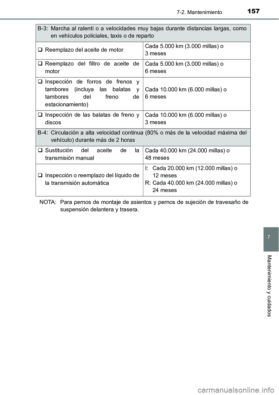 TOYOTA AVANZA 2016  Manual del propietario (in Spanish) 1577-2. Mantenimiento
7
Mantenimiento y cuidados
NOTA: Para pernos de montaje de asientos y pernos de sujeción de travesaño desuspensión delantera y trasera.
B-3: Marcha al ralentí o a velocidades