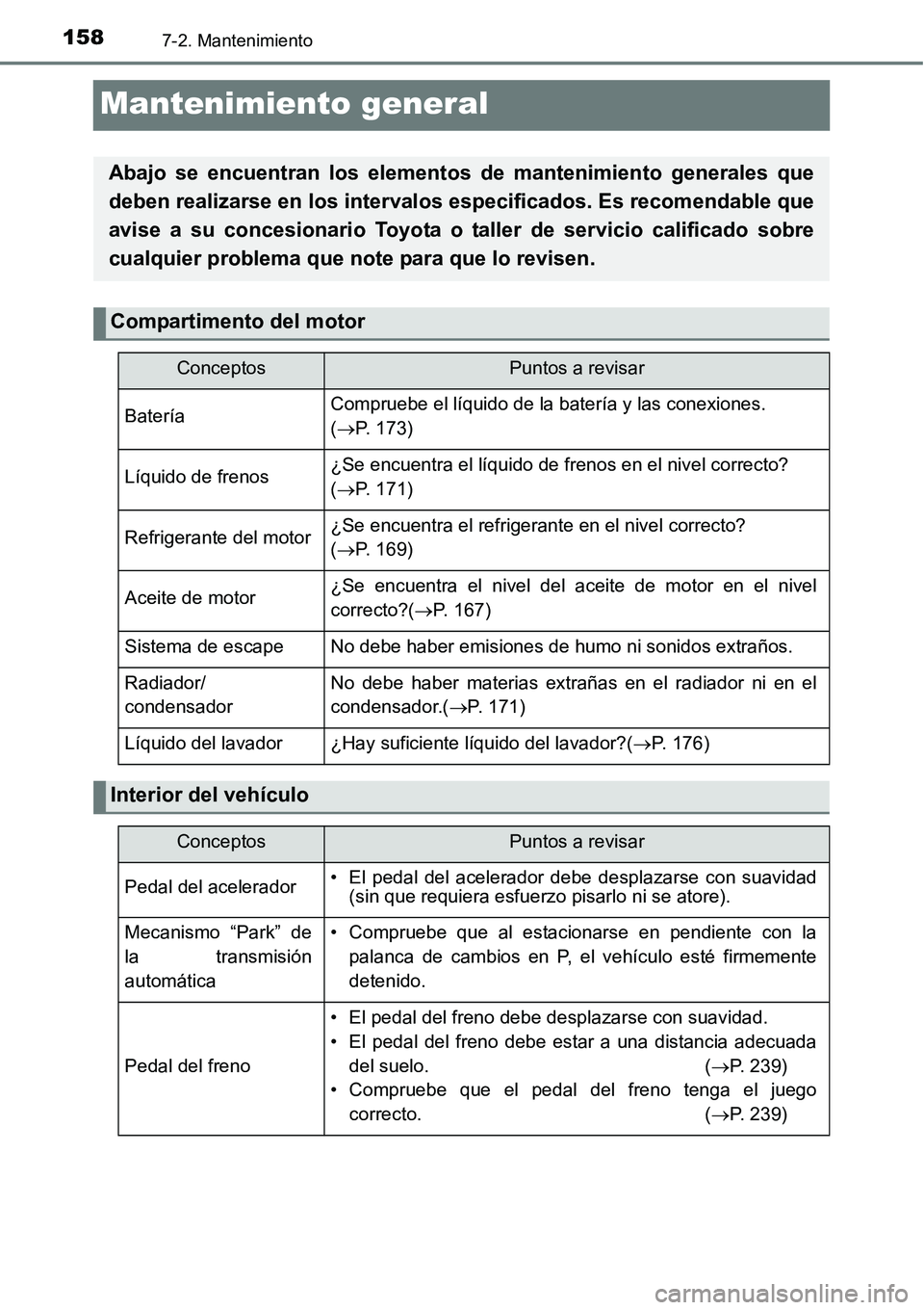 TOYOTA AVANZA 2016  Manual del propietario (in Spanish) 1587-2. Mantenimiento
Mantenimiento general
Abajo se encuentran los elementos de mantenimiento generales que
deben realizarse en los intervalos especificados. Es recomendable que
avise a su concesiona