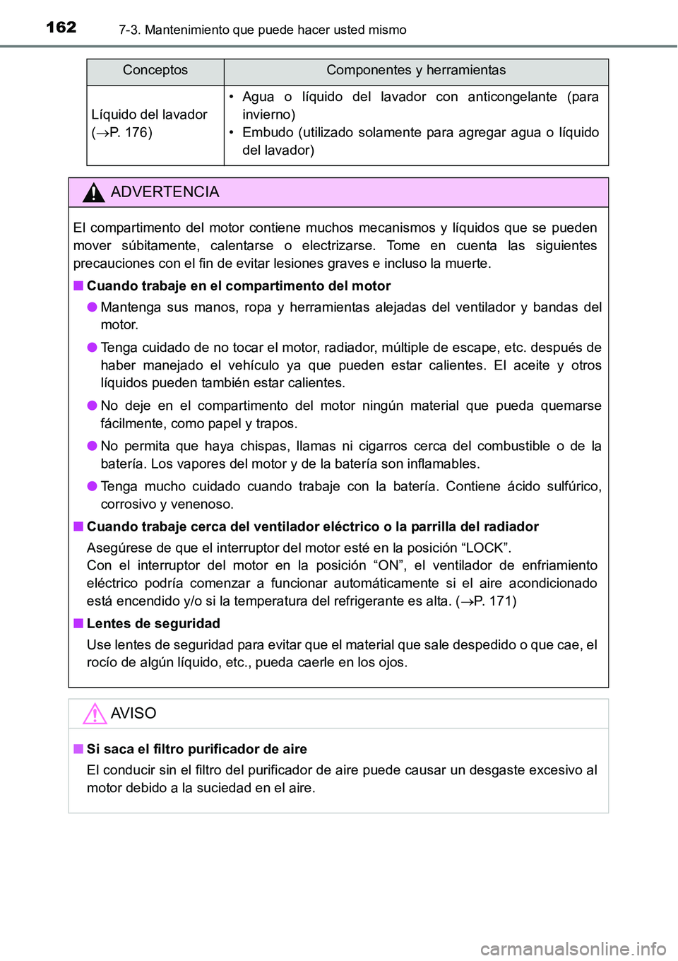 TOYOTA AVANZA 2016  Manual del propietario (in Spanish) 1627-3. Mantenimiento que puede hacer usted mismo
Líquido del lavador
(P. 176)
• Agua o líquido del lavador con anticongelante (para
invierno)
• Embudo (utilizado solamente para agregar agua 