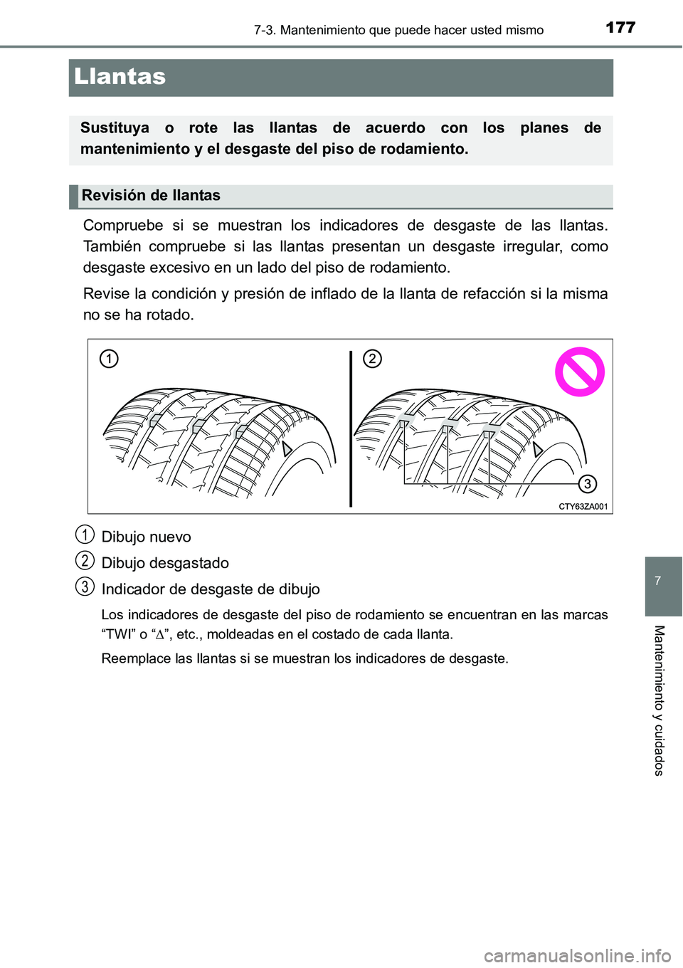 TOYOTA AVANZA 2016 Manual del propietario (in Spanish) 1777-3. Mantenimiento que puede hacer usted mismo
7
Mantenimiento y cuidados
Llantas
Compruebe si se muestran los indicadores de desgaste de las llantas.
También compruebe si las llantas presentan un TOYOTA AVANZA 2016 Manual del propietario (in Spanish) 1777-3. Mantenimiento que puede hacer usted mismo
7
Mantenimiento y cuidados
Llantas
Compruebe si se muestran los indicadores de desgaste de las llantas.
También compruebe si las llantas presentan un