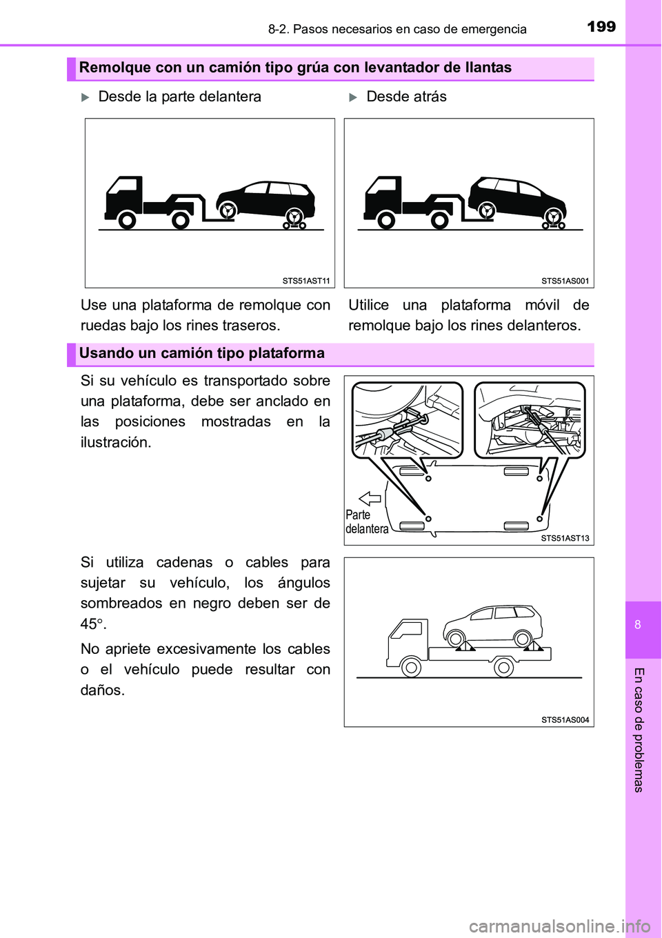 TOYOTA AVANZA 2016  Manual del propietario (in Spanish) 1998-2. Pasos necesarios en caso de emergencia
8
En caso de problemas
Si su vehículo es transportado sobre
una plataforma, debe ser anclado en
las posiciones mostradas en la
ilustración.
Si utiliza 
