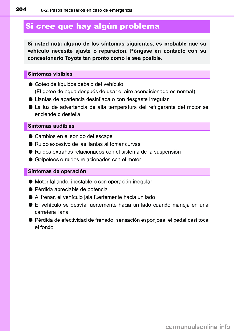 TOYOTA AVANZA 2016 Manual del propietario (in Spanish) 2048-2. Pasos necesarios en caso de emergencia
Si cree que hay algún problema
●Goteo de líquidos debajo del vehículo
(El goteo de agua después de usar el aire acondicionado es normal)
● Llanta TOYOTA AVANZA 2016 Manual del propietario (in Spanish) 2048-2. Pasos necesarios en caso de emergencia
Si cree que hay algún problema
●Goteo de líquidos debajo del vehículo
(El goteo de agua después de usar el aire acondicionado es normal)
● Llanta