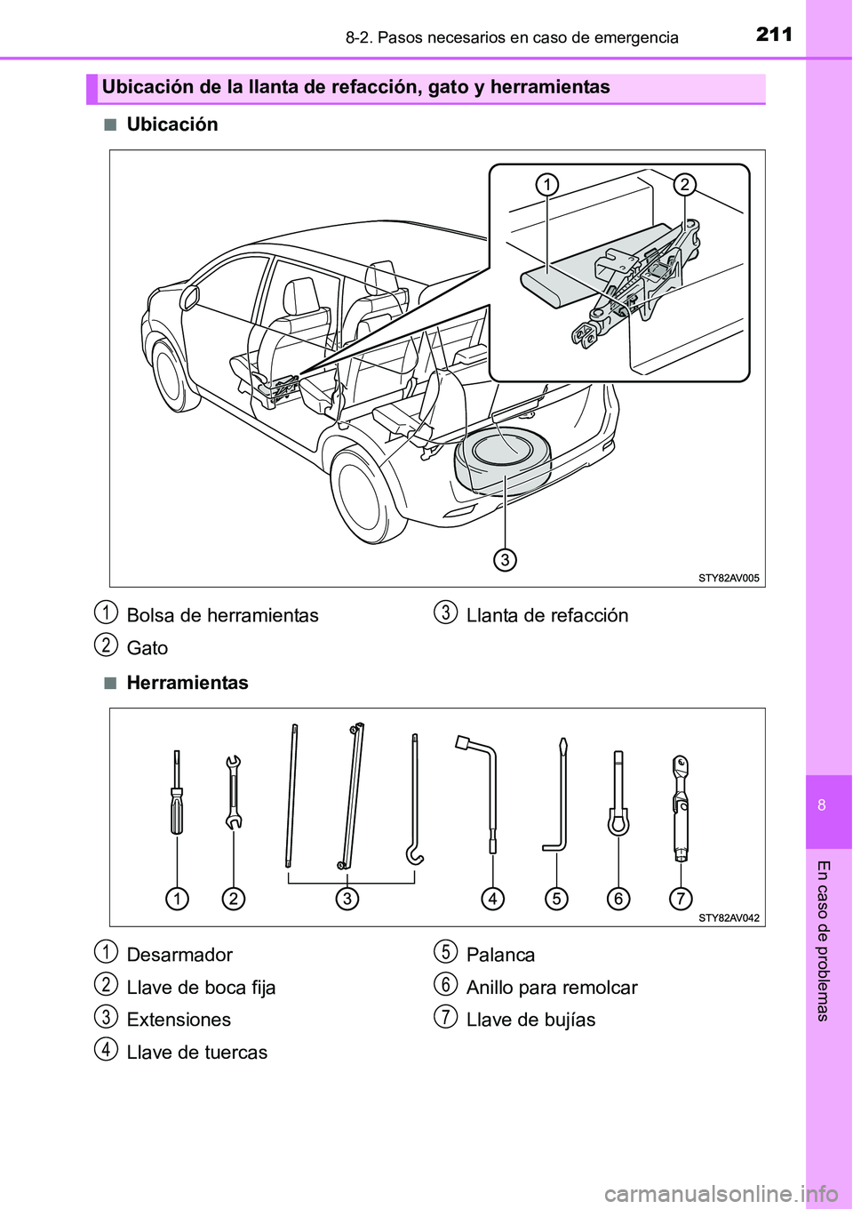 TOYOTA AVANZA 2016  Manual del propietario (in Spanish) 2118-2. Pasos necesarios en caso de emergencia
8
En caso de problemas
■Ubicación
■Herramientas
Ubicación de la llanta de refacción, gato y herramientas
Bolsa de herramientas
GatoLlanta de refac