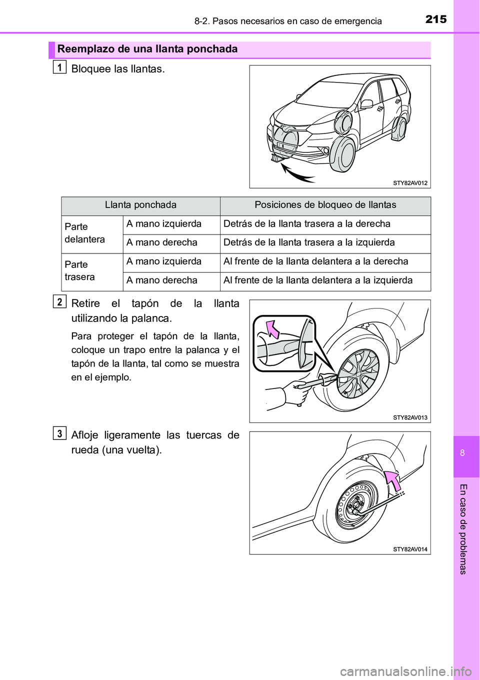 TOYOTA AVANZA 2016  Manual del propietario (in Spanish) 2158-2. Pasos necesarios en caso de emergencia
8
En caso de problemas
Bloquee las llantas.
Retire el tapón de la llanta
utilizando la palanca.
Para proteger el tapón de la llanta,
coloque un trapo e