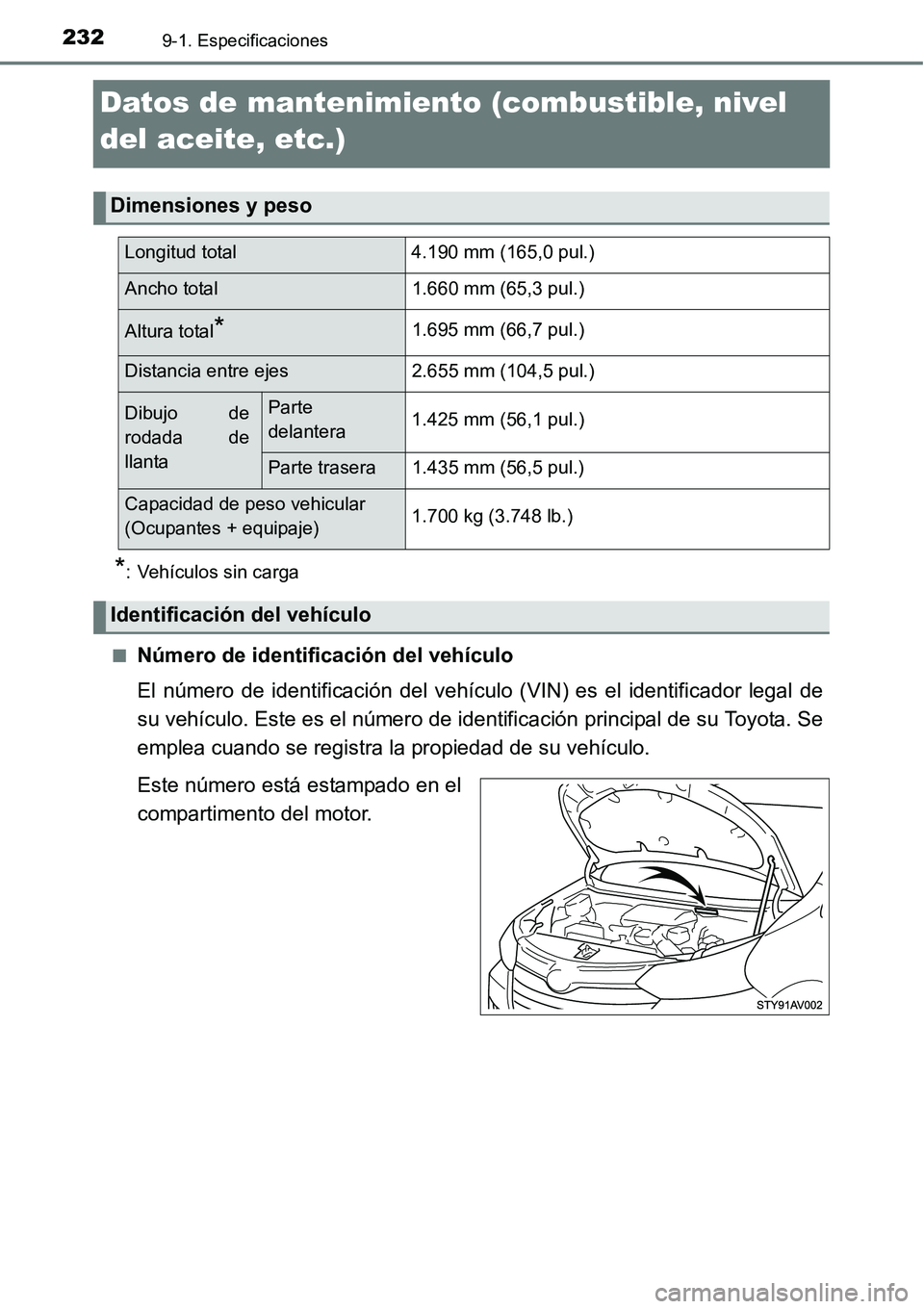 TOYOTA AVANZA 2016 Manual del propietario (in Spanish) 2329-1. Especificaciones
Datos de mantenimiento (combustible, nivel
del aceite, etc.)*
: Vehículos sin carga
■
Número de identificación del vehículo
El número de identificación del vehículo TOYOTA AVANZA 2016 Manual del propietario (in Spanish) 2329-1. Especificaciones
Datos de mantenimiento (combustible, nivel
del aceite, etc.)*
: Vehículos sin carga
■
Número de identificación del vehículo
El número de identificación del vehículo