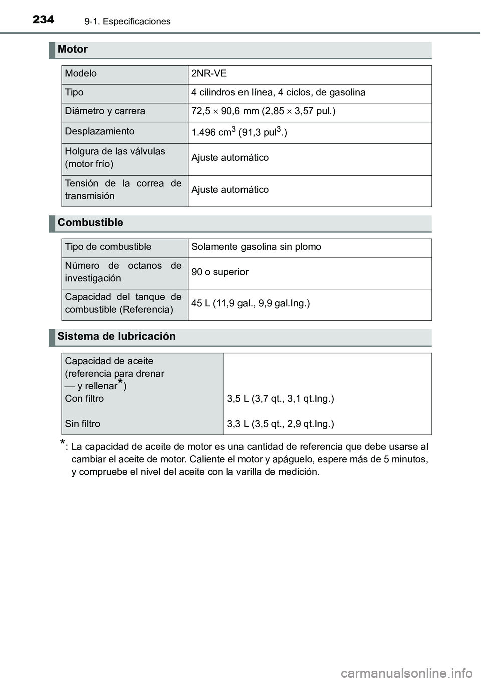 TOYOTA AVANZA 2016 Manual del propietario (in Spanish) 2349-1. Especificaciones
*: La capacidad de aceite de motor es una cantidad de referencia que debe usarse alcambiar el aceite de motor. Caliente el motor y apáguelo, espere más de 5 minutos,
y compr TOYOTA AVANZA 2016 Manual del propietario (in Spanish) 2349-1. Especificaciones
*: La capacidad de aceite de motor es una cantidad de referencia que debe usarse alcambiar el aceite de motor. Caliente el motor y apáguelo, espere más de 5 minutos,
y compr
