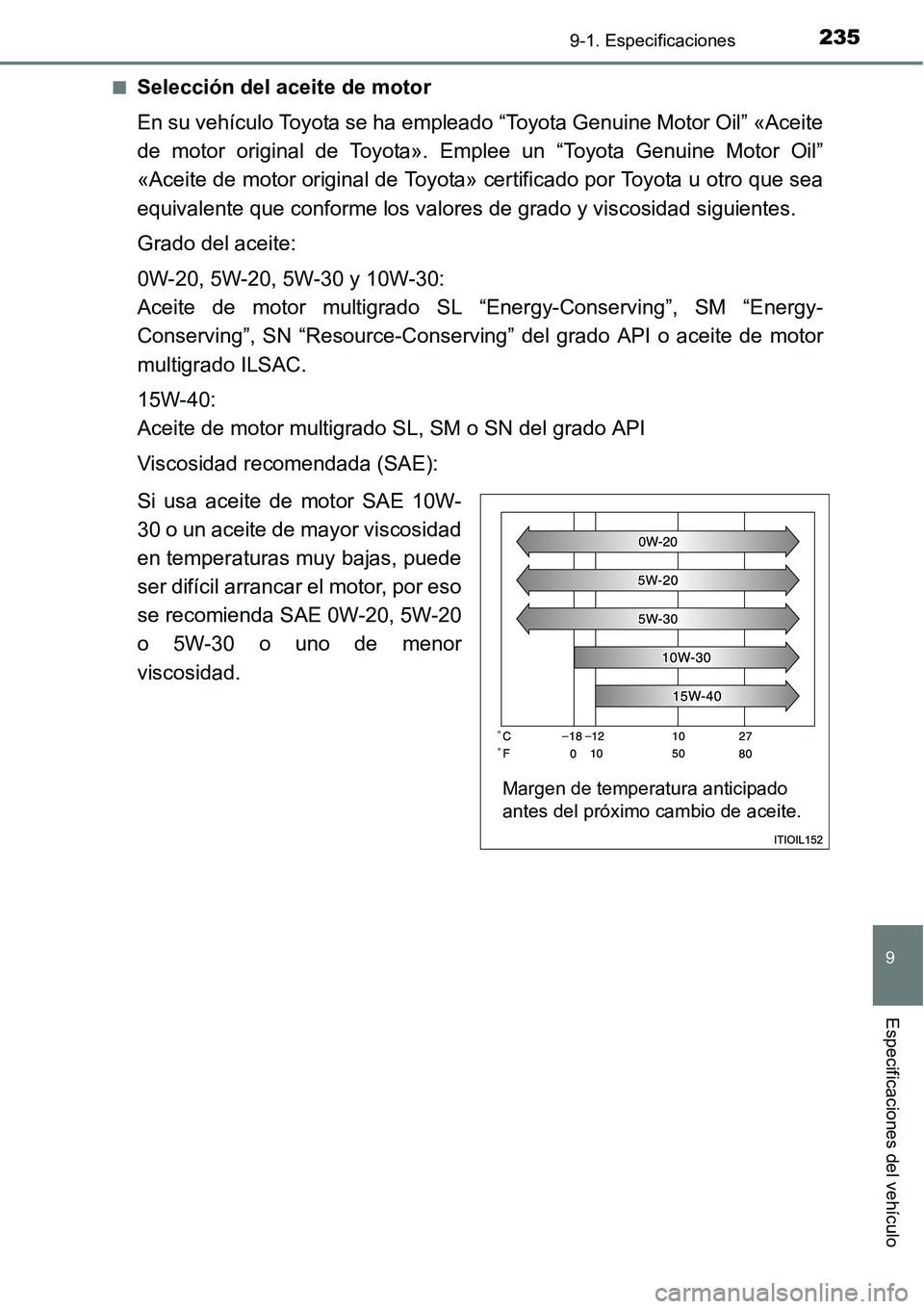 TOYOTA AVANZA 2016 Manual del propietario (in Spanish) 2359-1. Especificaciones
9
Especificaciones del vehículo
■Selección del aceite de motor
En su vehículo Toyota se ha empleado “Toyota Genuine Motor Oil” «Aceite
de motor original de Toyota». TOYOTA AVANZA 2016 Manual del propietario (in Spanish) 2359-1. Especificaciones
9
Especificaciones del vehículo
■Selección del aceite de motor
En su vehículo Toyota se ha empleado “Toyota Genuine Motor Oil” «Aceite
de motor original de Toyota».