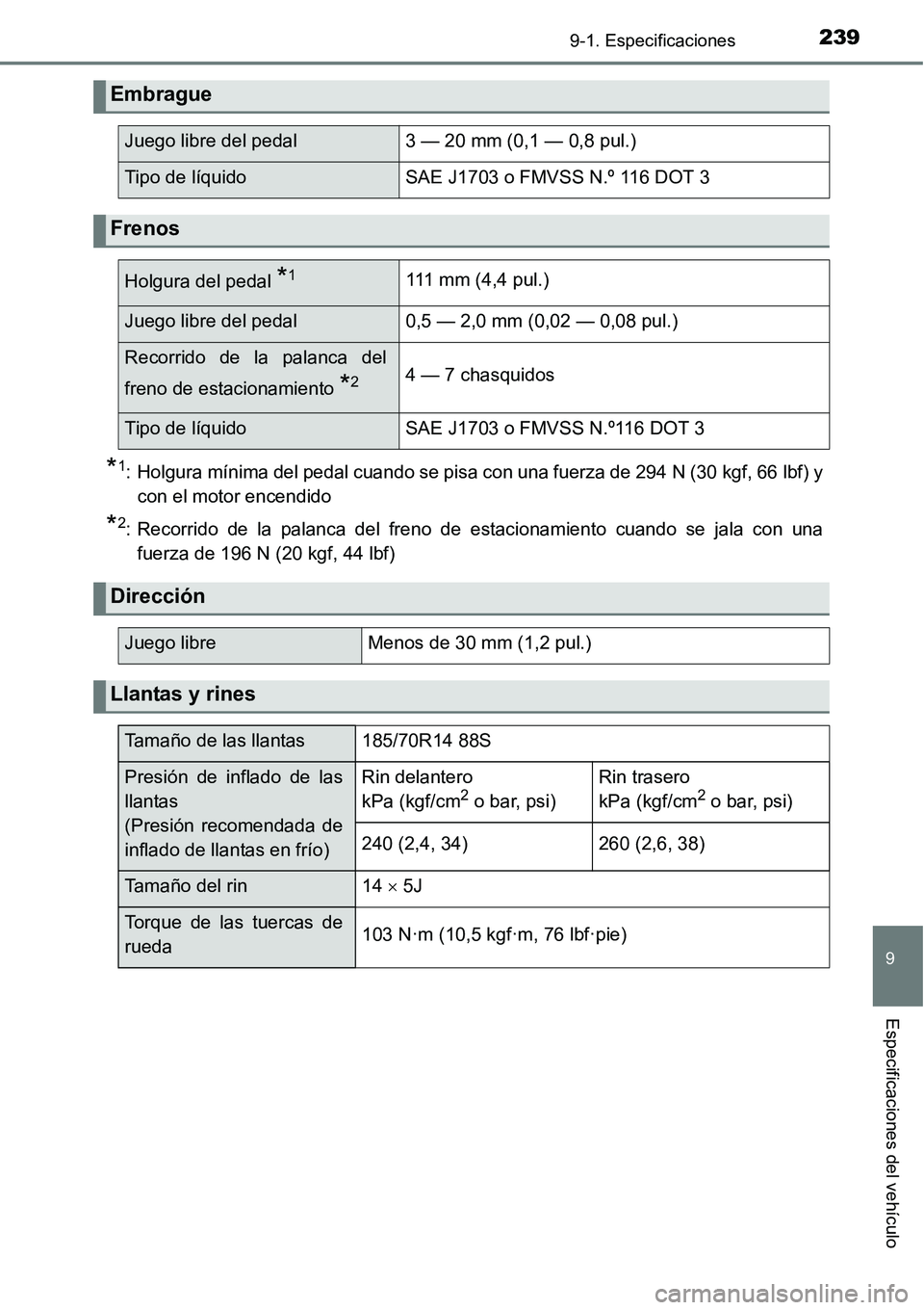 TOYOTA AVANZA 2016 Manual del propietario (in Spanish) 2399-1. Especificaciones
9
Especificaciones del vehículo
*1: Holgura mínima del pedal cuando se pisa con una fuerza de 294 N (30 kgf, 66 lbf) ycon el motor encendido
*2: Recorrido de la palanca del TOYOTA AVANZA 2016 Manual del propietario (in Spanish) 2399-1. Especificaciones
9
Especificaciones del vehículo
*1: Holgura mínima del pedal cuando se pisa con una fuerza de 294 N (30 kgf, 66 lbf) ycon el motor encendido
*2: Recorrido de la palanca del