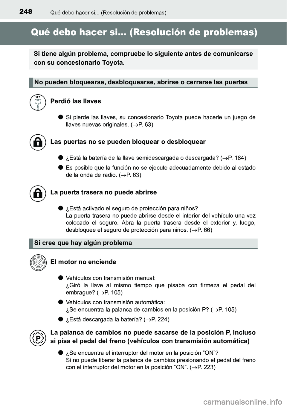 TOYOTA AVANZA 2016 Manual del propietario (in Spanish) 248Qué debo hacer si... (Resolución de problemas)
Qué debo hacer si... (Resolución de problemas)
●Si pierde las llaves, su concesionario Toyota puede hacerle un juego de
llaves nuevas originales TOYOTA AVANZA 2016 Manual del propietario (in Spanish) 248Qué debo hacer si... (Resolución de problemas)
Qué debo hacer si... (Resolución de problemas)
●Si pierde las llaves, su concesionario Toyota puede hacerle un juego de
llaves nuevas originales