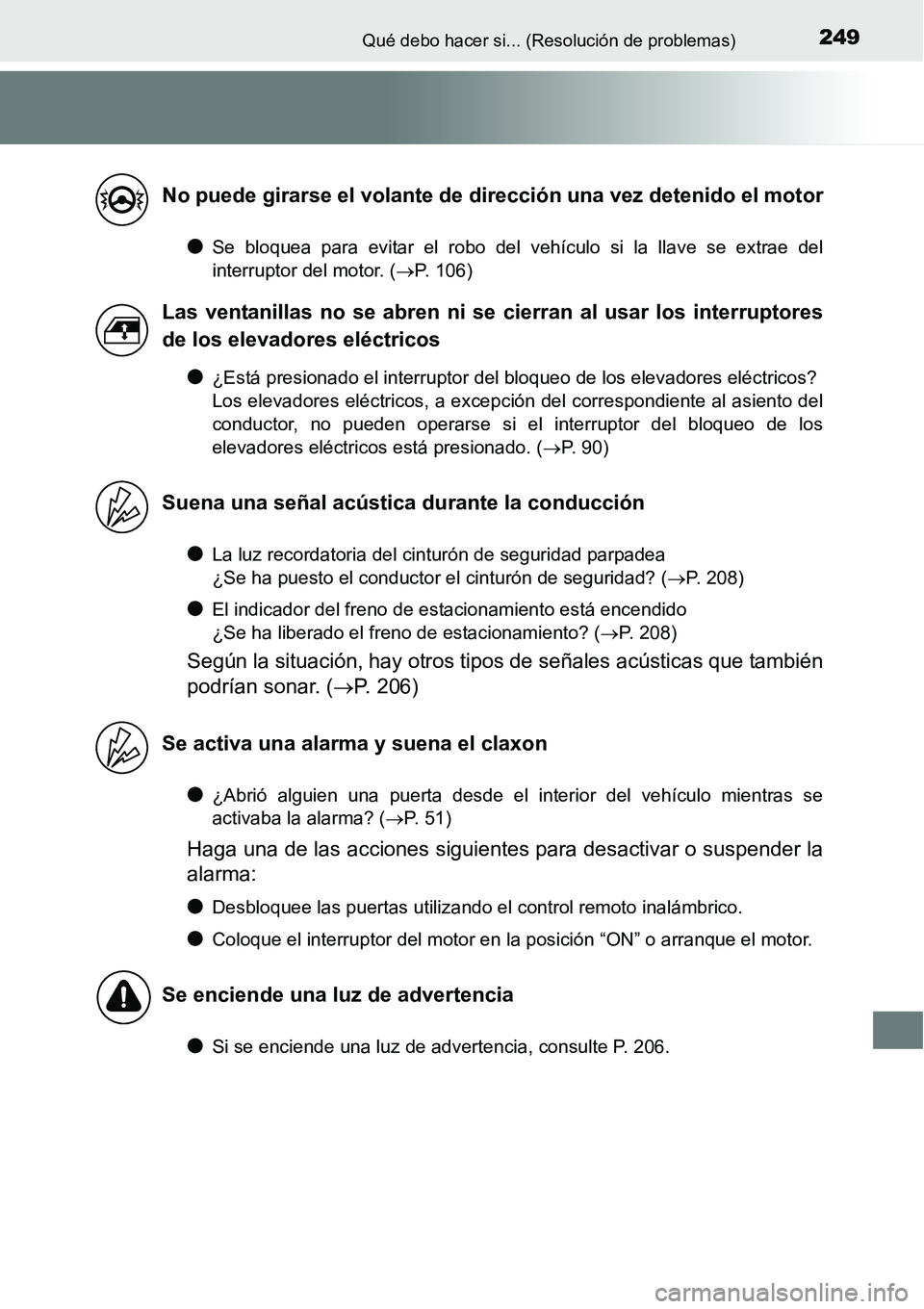 TOYOTA AVANZA 2016 Manual del propietario (in Spanish) 249Qué debo hacer si... (Resolución de problemas)
●Se bloquea para evitar el robo del vehículo si la llave se extrae del
interruptor del motor. (P. 106)
●¿Está presionado el interruptor de TOYOTA AVANZA 2016 Manual del propietario (in Spanish) 249Qué debo hacer si... (Resolución de problemas)
●Se bloquea para evitar el robo del vehículo si la llave se extrae del
interruptor del motor. (P. 106)
●¿Está presionado el interruptor de