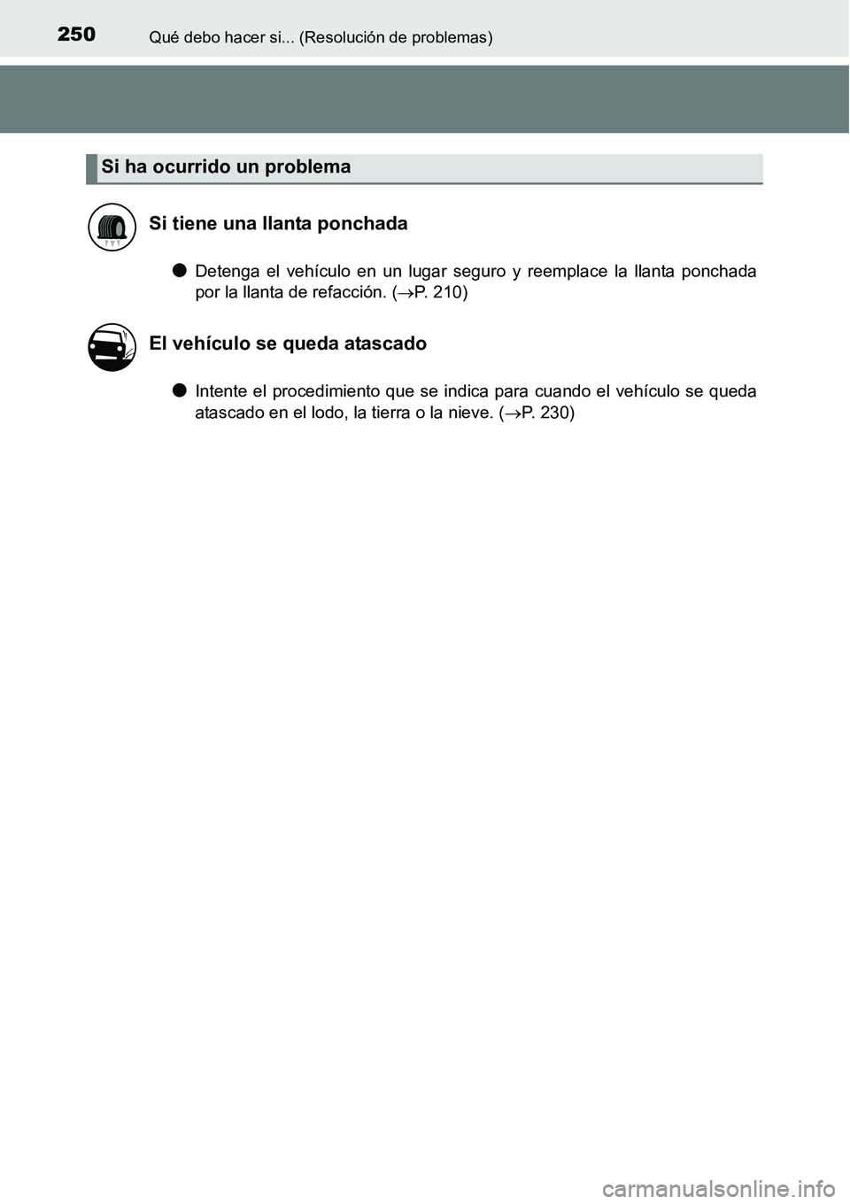 TOYOTA AVANZA 2016 Manual del propietario (in Spanish) 250Qué debo hacer si... (Resolución de problemas)
●Detenga el vehículo en un lugar seguro y reemplace la llanta ponchada
por la llanta de refacción. ( P. 210)
●Intente el procedimiento que TOYOTA AVANZA 2016 Manual del propietario (in Spanish) 250Qué debo hacer si... (Resolución de problemas)
●Detenga el vehículo en un lugar seguro y reemplace la llanta ponchada
por la llanta de refacción. ( P. 210)
●Intente el procedimiento que