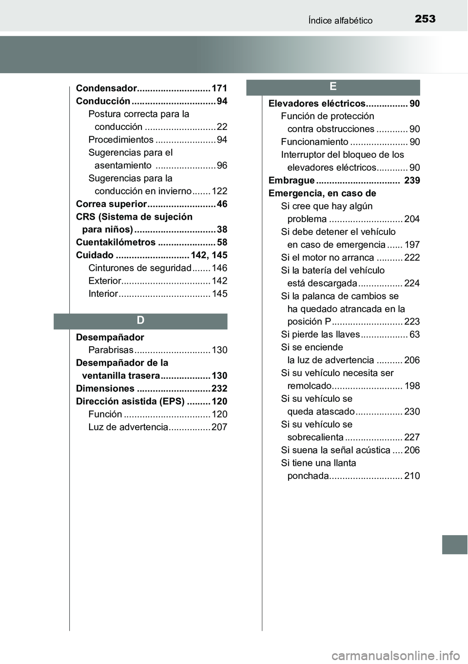 TOYOTA AVANZA 2016  Manual del propietario (in Spanish) 253Índice alfabético
Condensador............................ 171
Conducción ................................ 94Postura correcta para la conducción ........................... 22
Procedimientos ...