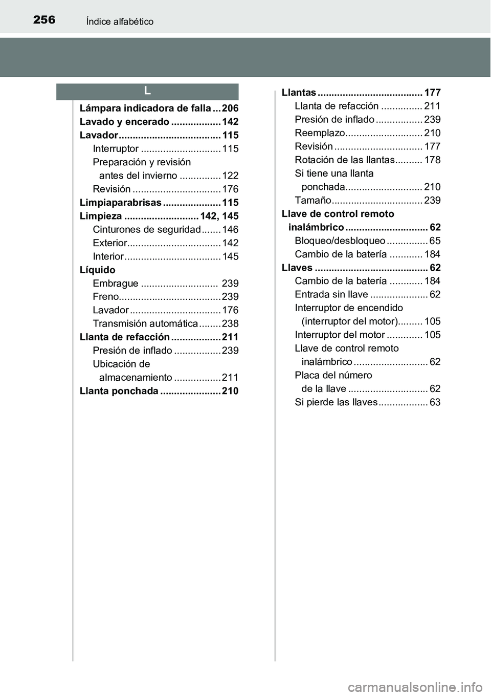 TOYOTA AVANZA 2016  Manual del propietario (in Spanish) 256Índice alfabético
Lámpara indicadora de falla ... 206
Lavado y encerado .................. 142
Lavador ..................................... 115Interruptor ............................. 115
Prep