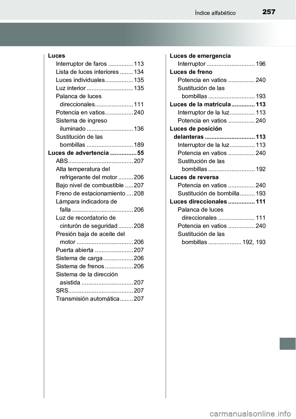 TOYOTA AVANZA 2016  Manual del propietario (in Spanish) 257Índice alfabético
LucesInterruptor de faros ............... 113
Lista de luces interiores ........ 134
Luces individuales................. 135
Luz interior ............................ 135
Palanc