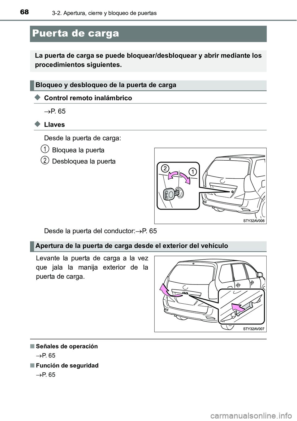 TOYOTA AVANZA 2016  Manual del propietario (in Spanish) 683-2. Apertura, cierre y bloqueo de puertas
Puerta de carga
◆Control remoto inalámbrico
P.  6 5
◆Llaves
Desde la puerta de carga:Bloquea la puerta
Desbloquea la puerta
Desde la puerta del con