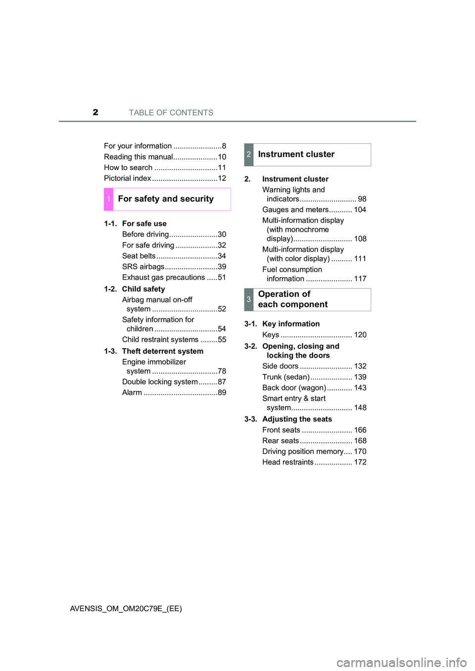 TOYOTA AVENSIS 2018 Owners Manual TABLE OF CONTENTS2
AVENSIS_OM_OM20C79E_(EE)
For your information .......................8
Reading this manual.....................10
How to search ..............................11
Pictorial index TOYOTA AVENSIS 2018 Owners Manual TABLE OF CONTENTS2
AVENSIS_OM_OM20C79E_(EE)
For your information .......................8
Reading this manual.....................10
How to search ..............................11
Pictorial index