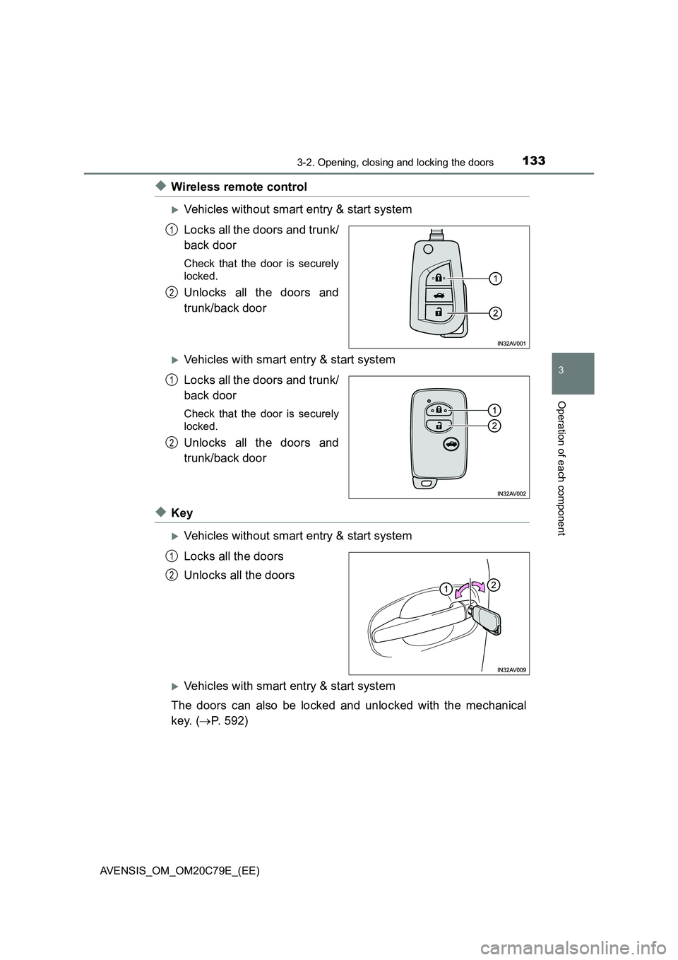TOYOTA AVENSIS 2018 Owners Manual 1333-2. Opening, closing and locking the doors
3
Operation of each component
AVENSIS_OM_OM20C79E_(EE)
◆Wireless remote control
Vehicles without smart entry & start system
Locks all the doors and TOYOTA AVENSIS 2018 Owners Manual 1333-2. Opening, closing and locking the doors
3
Operation of each component
AVENSIS_OM_OM20C79E_(EE)
◆Wireless remote control
Vehicles without smart entry & start system
Locks all the doors and