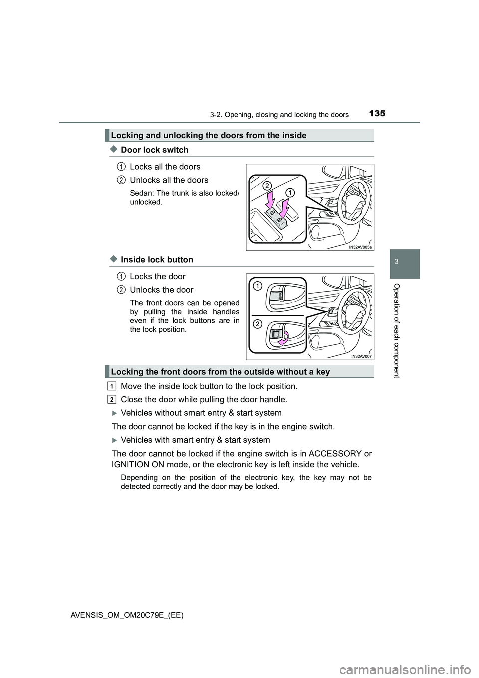 TOYOTA AVENSIS 2018  Owners Manual 1353-2. Opening, closing and locking the doors
3
Operation of each component
AVENSIS_OM_OM20C79E_(EE)
◆Door lock switch
Locks all the doors
Unlocks all the doors
Sedan: The trunk is also locked/
unl