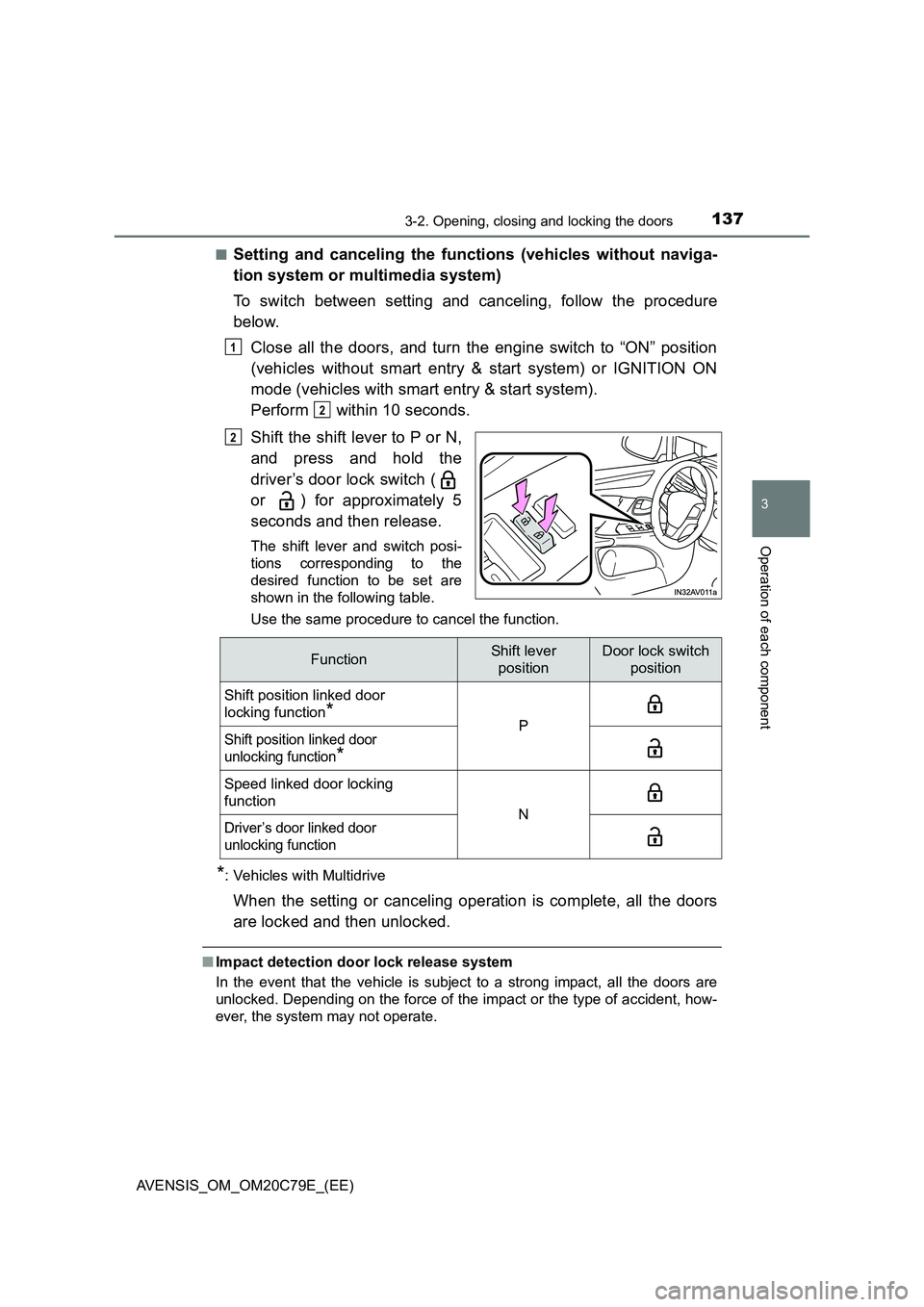 TOYOTA AVENSIS 2018  Owners Manual 1373-2. Opening, closing and locking the doors
3
Operation of each component
AVENSIS_OM_OM20C79E_(EE)■
Setting and canceling the functions (vehicles without naviga-
tion system or multimedia system)