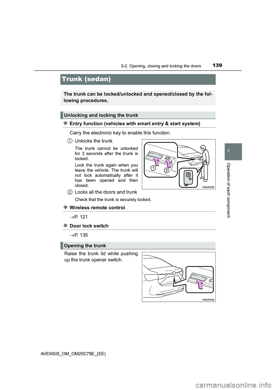 TOYOTA AVENSIS 2018 Owners Manual 139
3
3-2. Opening, closing and locking the doors
Operation of each component
AVENSIS_OM_OM20C79E_(EE)
Trunk (sedan)
◆Entry function (vehicles with smart entry & start system)
Carry the electronic TOYOTA AVENSIS 2018 Owners Manual 139
3
3-2. Opening, closing and locking the doors
Operation of each component
AVENSIS_OM_OM20C79E_(EE)
Trunk (sedan)
◆Entry function (vehicles with smart entry & start system)
Carry the electronic