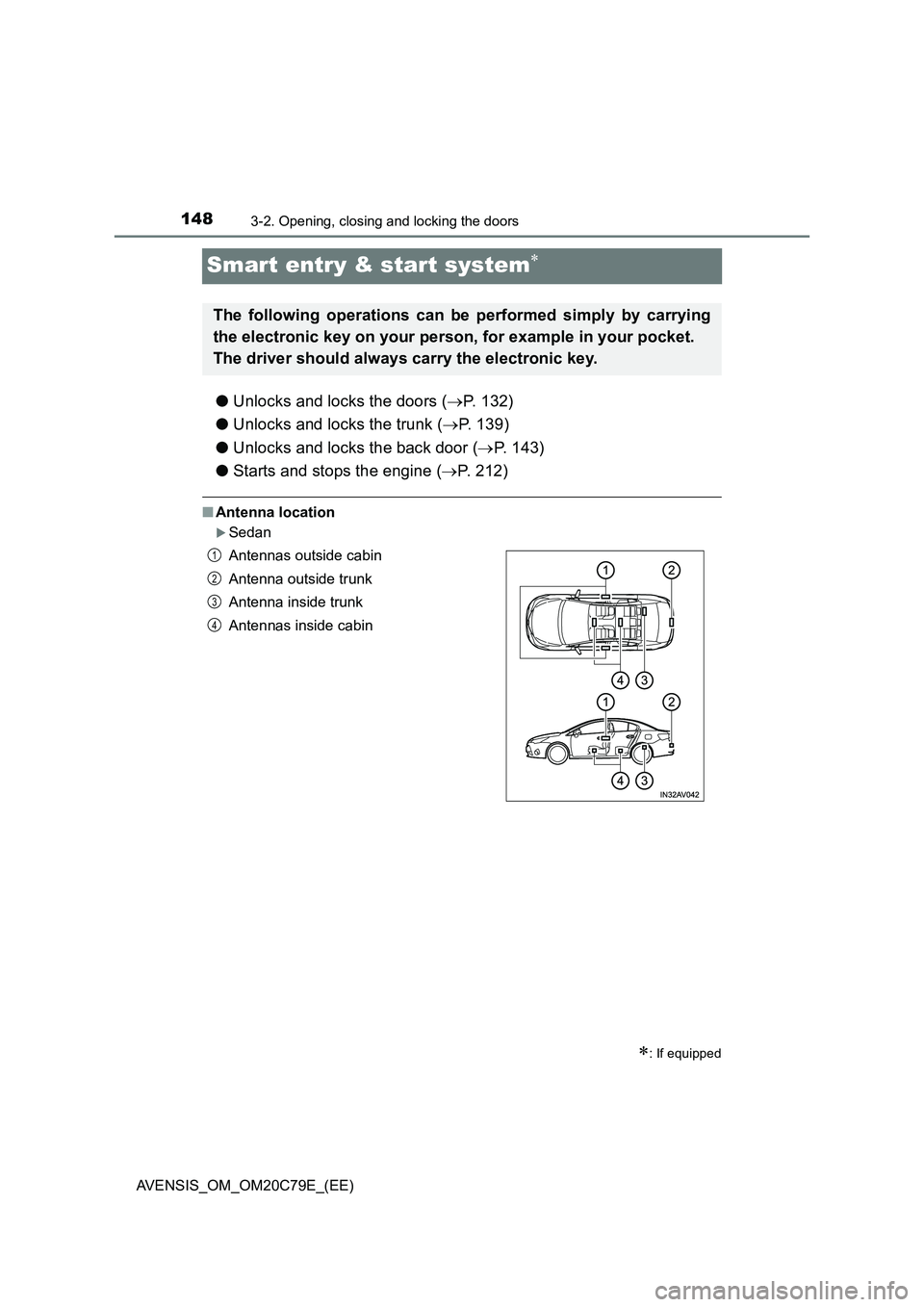 TOYOTA AVENSIS 2018  Owners Manual 1483-2. Opening, closing and locking the doors
AVENSIS_OM_OM20C79E_(EE)
Smart entry & start system
●Unlocks and locks the doors (P. 132)
●Unlocks and locks the trunk (P. 139)
●Unlocks a