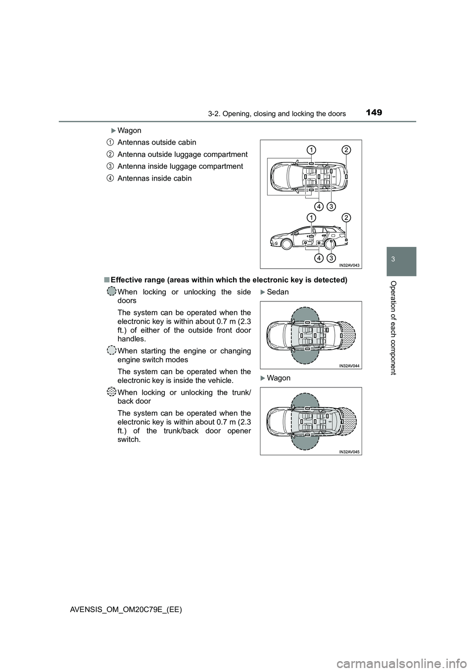 TOYOTA AVENSIS 2018  Owners Manual 1493-2. Opening, closing and locking the doors
3
Operation of each component
AVENSIS_OM_OM20C79E_(EE)
Wagon 
■ Effective range (areas within which the electronic key is detected) 
Antennas outsid