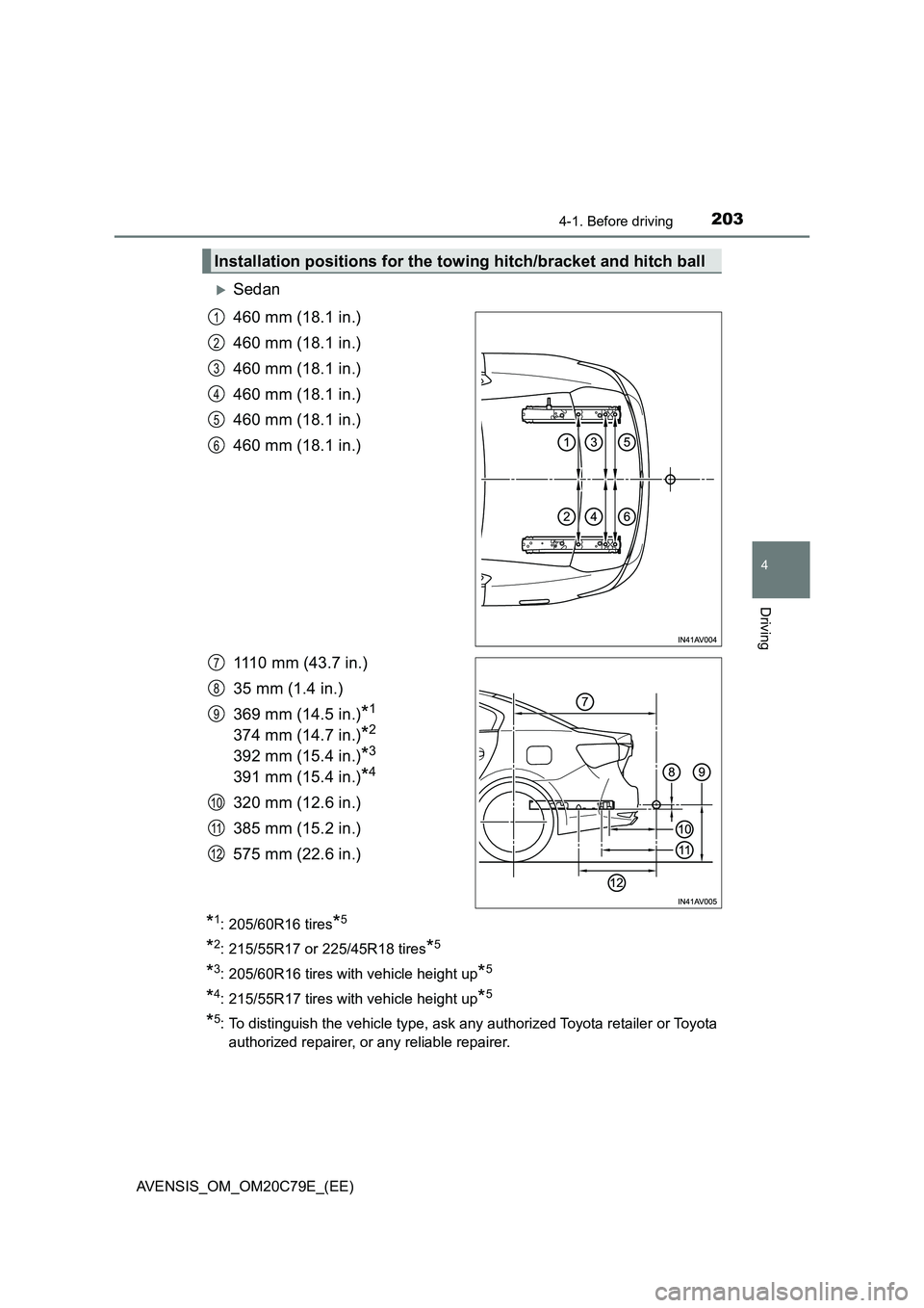 TOYOTA AVENSIS 2018 Owners Manual 2034-1. Before driving
4
Driving
AVENSIS_OM_OM20C79E_(EE)
Sedan
460 mm (18.1 in.)
460 mm (18.1 in.)
460 mm (18.1 in.)
460 mm (18.1 in.)
460 mm (18.1 in.)
460 mm (18.1 in.)
1110 mm (43.7 in.)
35 mm TOYOTA AVENSIS 2018 Owners Manual 2034-1. Before driving
4
Driving
AVENSIS_OM_OM20C79E_(EE)
Sedan
460 mm (18.1 in.)
460 mm (18.1 in.)
460 mm (18.1 in.)
460 mm (18.1 in.)
460 mm (18.1 in.)
460 mm (18.1 in.)
1110 mm (43.7 in.)
35 mm