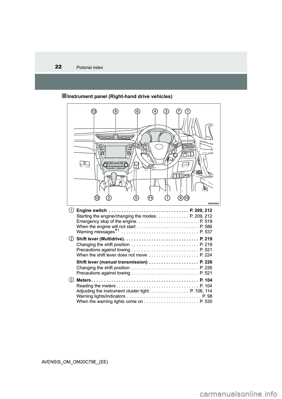 TOYOTA AVENSIS 2018  Owners Manual 22Pictorial index
AVENSIS_OM_OM20C79E_(EE)
■Instrument panel (Right-hand drive vehicles)
Engine switch  . . . . . . . . . . . . . . . . . . . . . . . . . . . . . . . .  P. 209, 212
Starting the engi